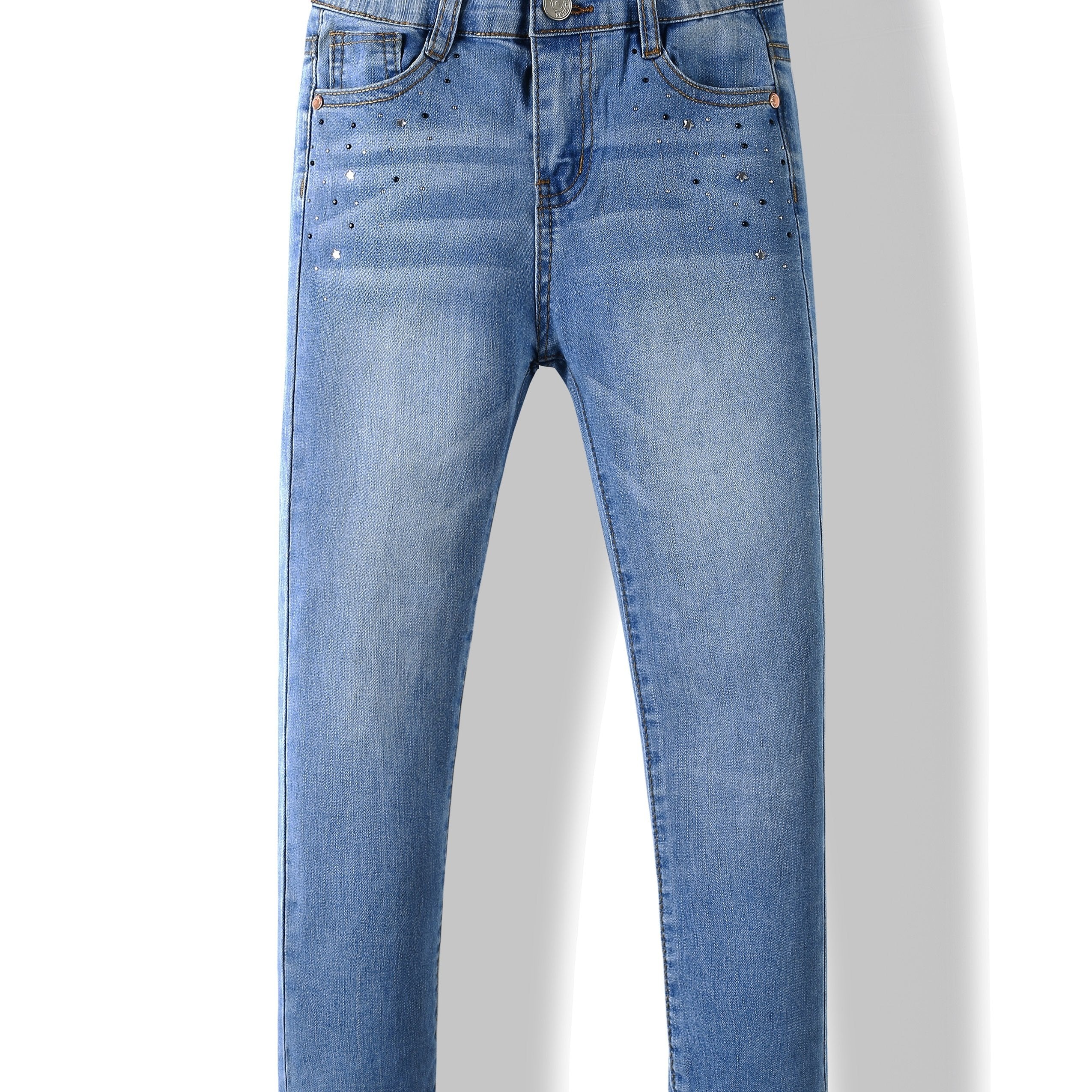 Girls' Rhinestone Embellished Stretch Denim Jeans - Cute & Comfortable Regular Fit with Elastic Waistband, All-Season Casual Wear for Kids, Cute Jeans, Kids Fashion, Comfortable Kids Wear