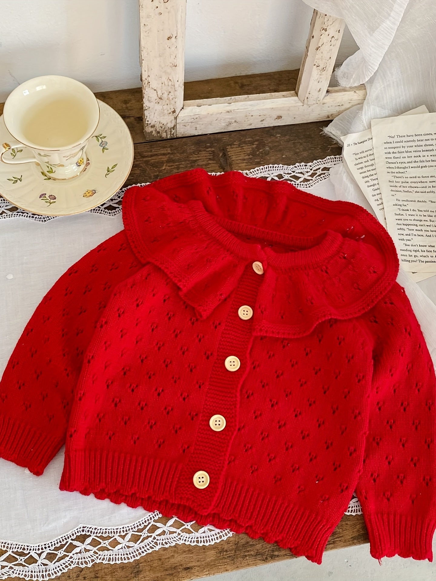 Girls' Jacquard Knit Ruffle Collar Button Long Sleeve Sweater Coat for Fall/Winter Outfits