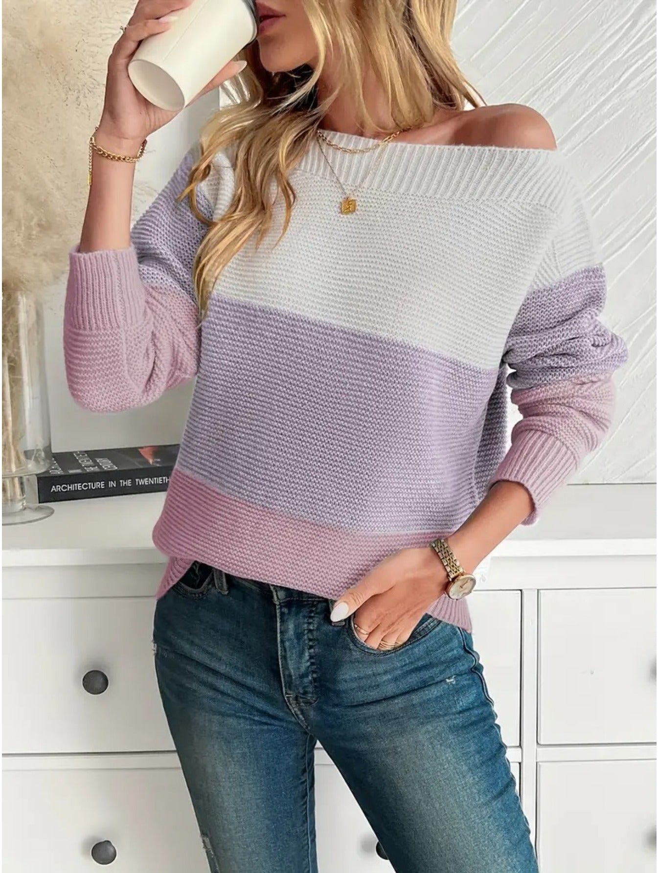 Women's Elegant Off-Shoulder Colorblock Sweater - Stylish Long Sleeve Pullover with Vertical Stripes in Pink, Purple & White, Ribbed Cuffs, Versatile for Fall & Winter Outfits, Ladies Sweaters