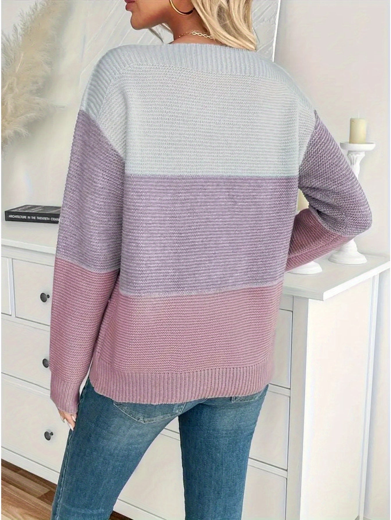Women's Elegant Off-Shoulder Colorblock Sweater - Stylish Long Sleeve Pullover with Vertical Stripes in Pink, Purple & White, Ribbed Cuffs, Versatile for Fall & Winter Outfits, Ladies Sweaters