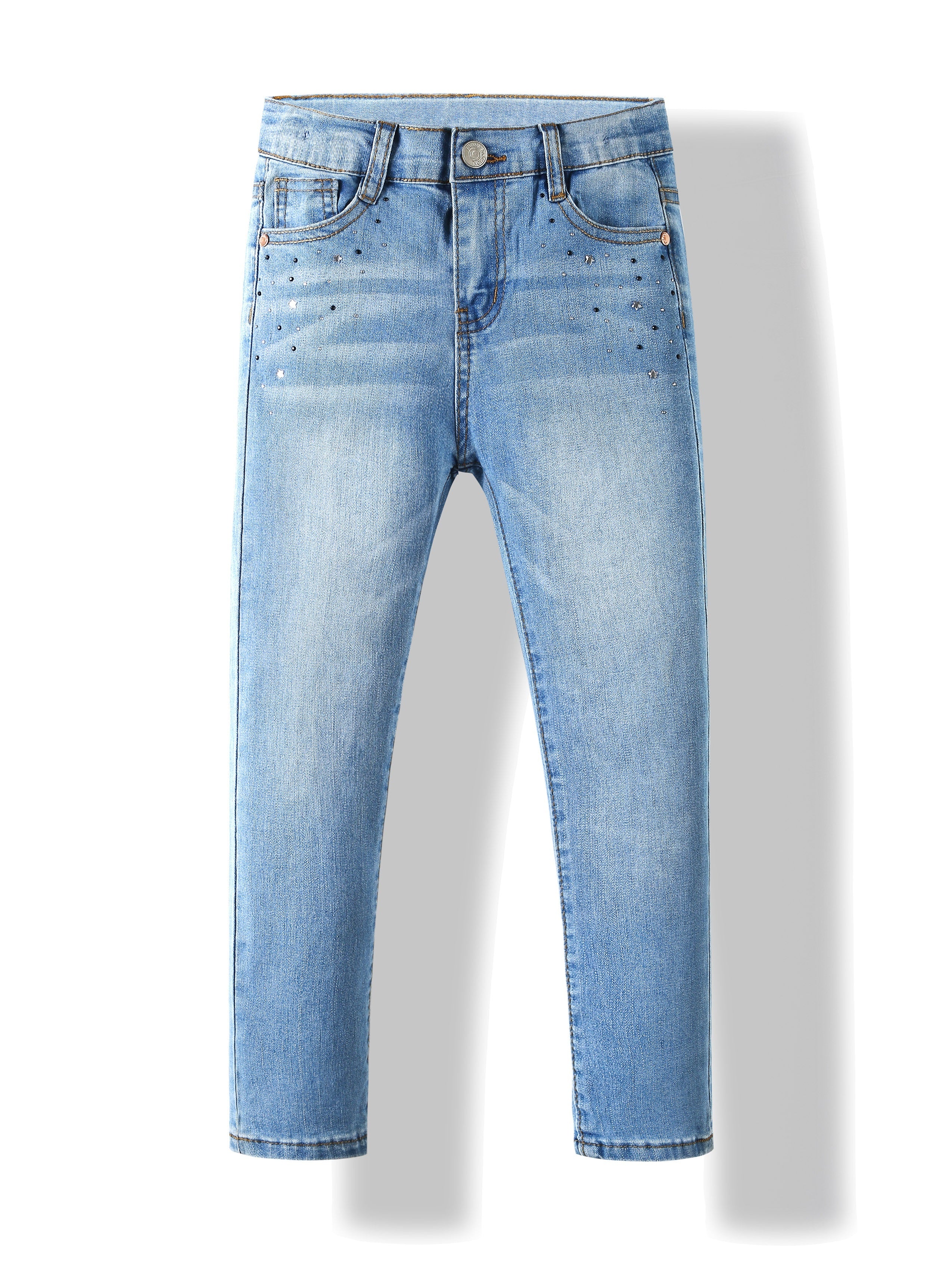 Girls' Rhinestone Embellished Stretch Denim Jeans - Cute & Comfortable Regular Fit with Elastic Waistband, All-Season Casual Wear for Kids, Cute Jeans, Kids Fashion, Comfortable Kids Wear