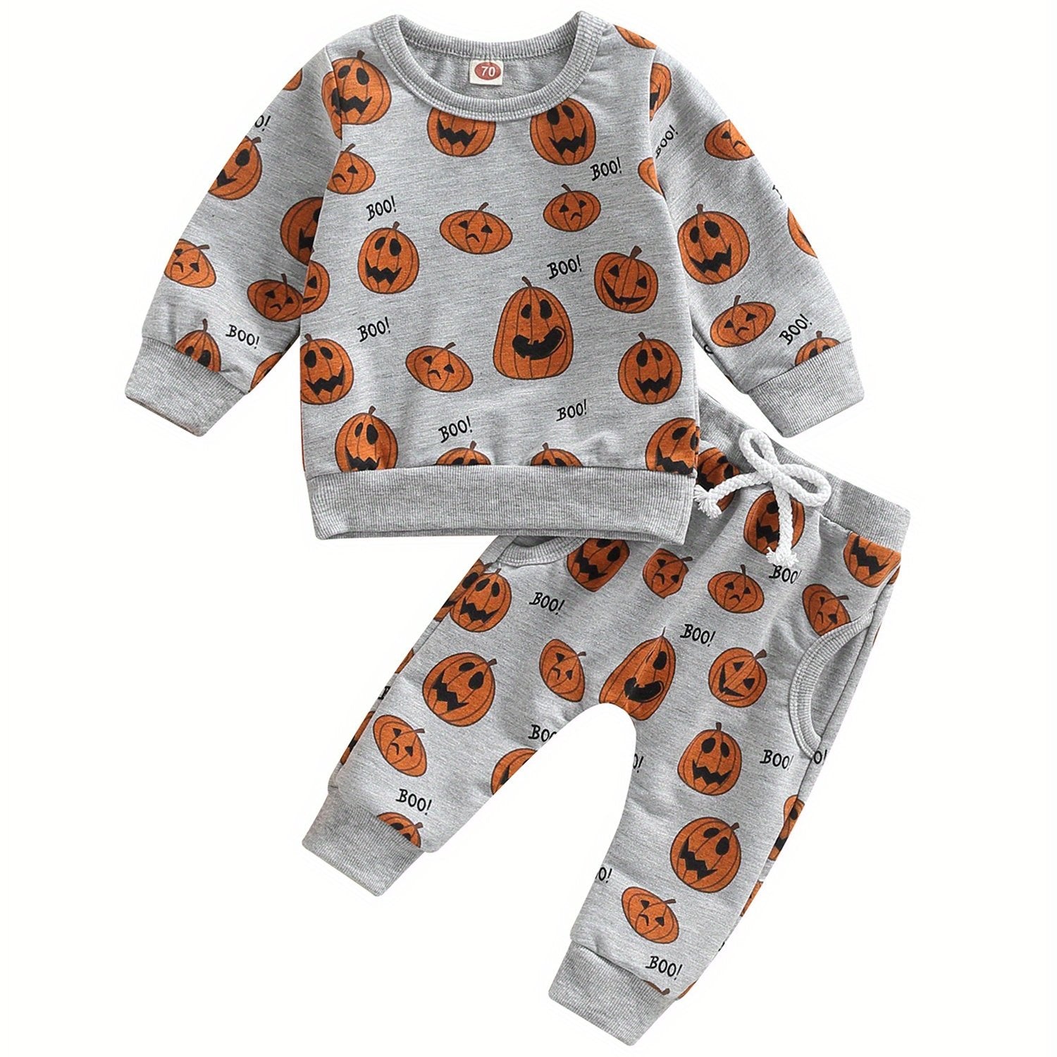 [Halloween] Toddler Baby Girl Boy Halloween Outfits Pumpkin Long Sleeve Sweatshirt Top Elastic Waist Jogger Pants Fall Winter Outfits Pumpkin Clothes 0-3T