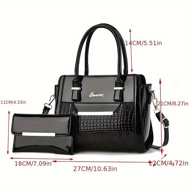Vintage-Inspired Women'S Handbag Set with Crocodile Pattern - Large Capacity Tote and Crossbody Bags, Black, Golden Zipper Accents, Polyester Lined, Zippered Closure