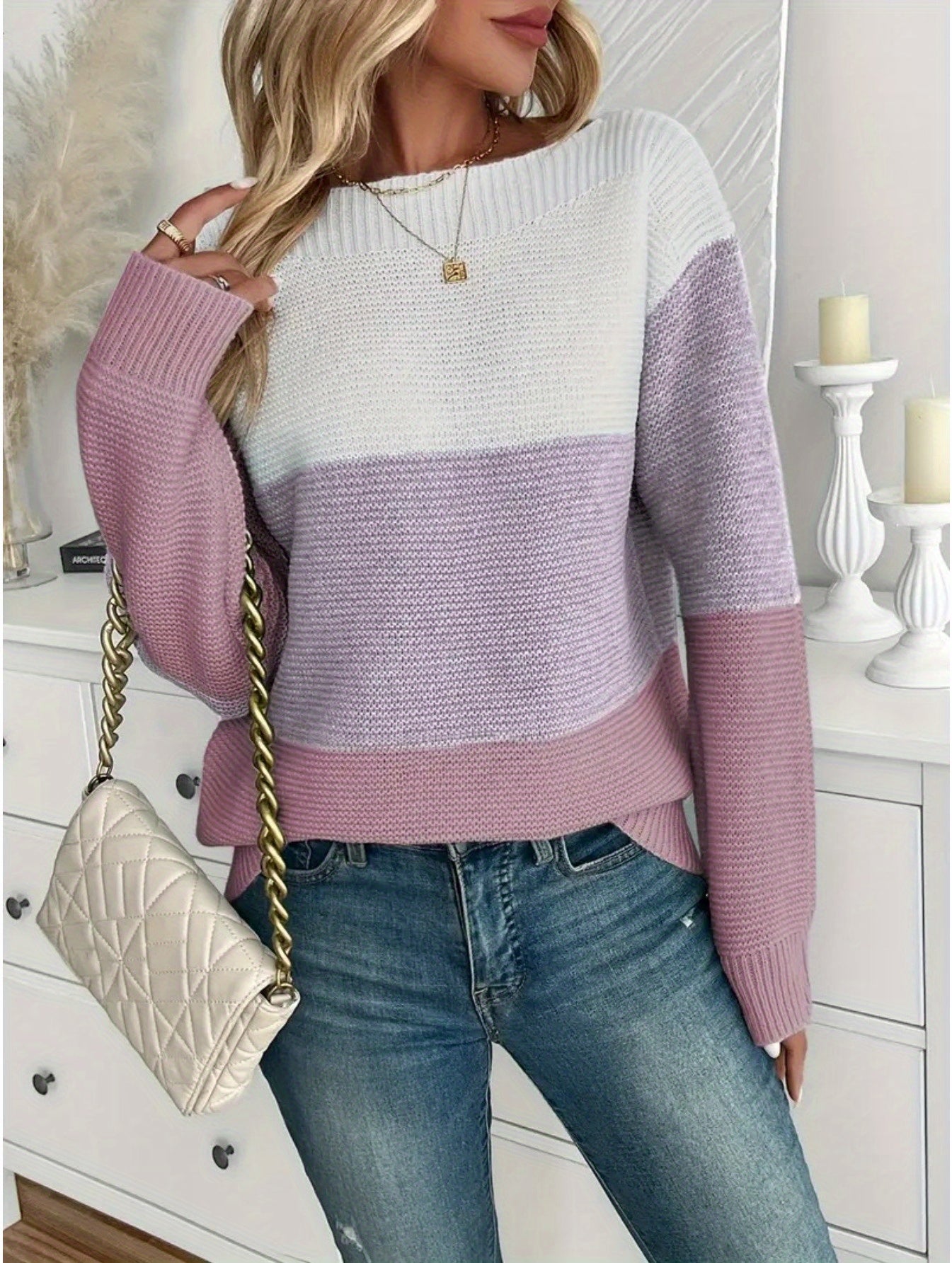 Women's Elegant Off-Shoulder Colorblock Sweater - Stylish Long Sleeve Pullover with Vertical Stripes in Pink, Purple & White, Ribbed Cuffs, Versatile for Fall & Winter Outfits, Ladies Sweaters