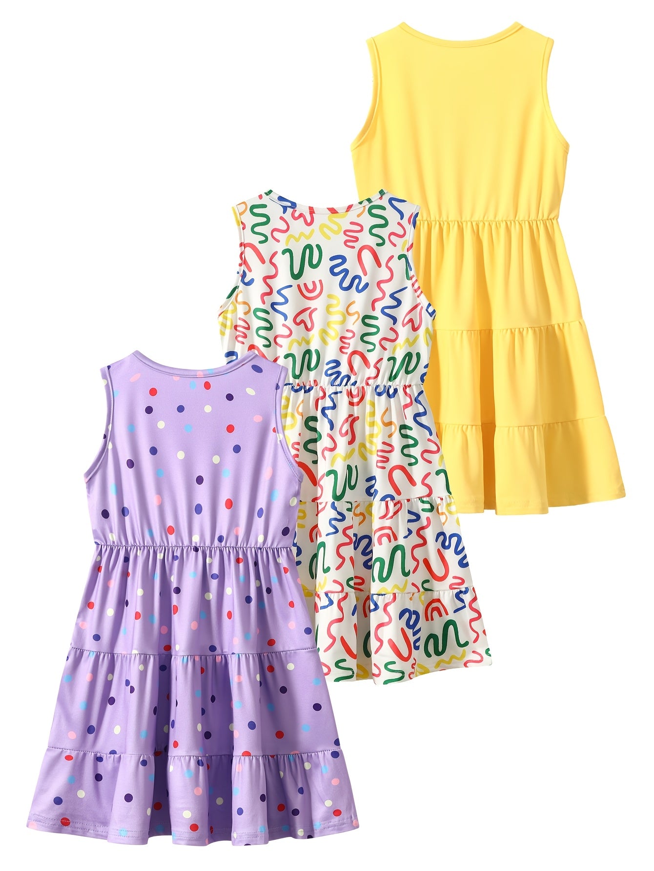 [Girls Sleeveless Dresses] 3pcs Girls' Sleeveless Dresses - Vibrant Rainbow & Candy Pattern, Yellow Tiered Ruffle Dress, Purple Polka Dot with Rainbow & Clouds Design - Perfect for Summer, Parties, and Casual Outings, Party D