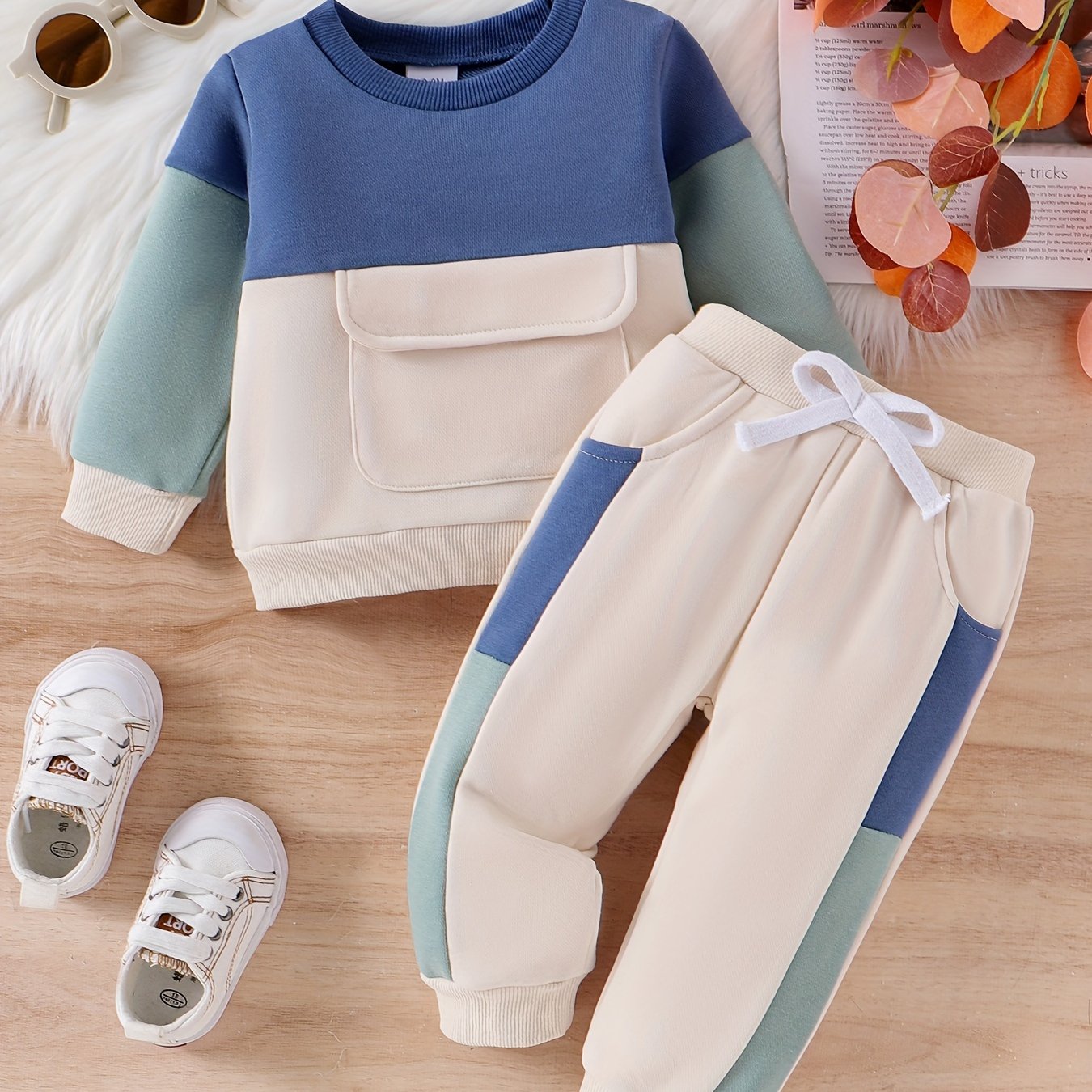 CETEPY Toddler Baby Boys Clothes Autumn Winter Outfits Color Block Long-sleeved Top + Trousers WIth Pockets Sets 6 Months-3 Years, for Outdoor