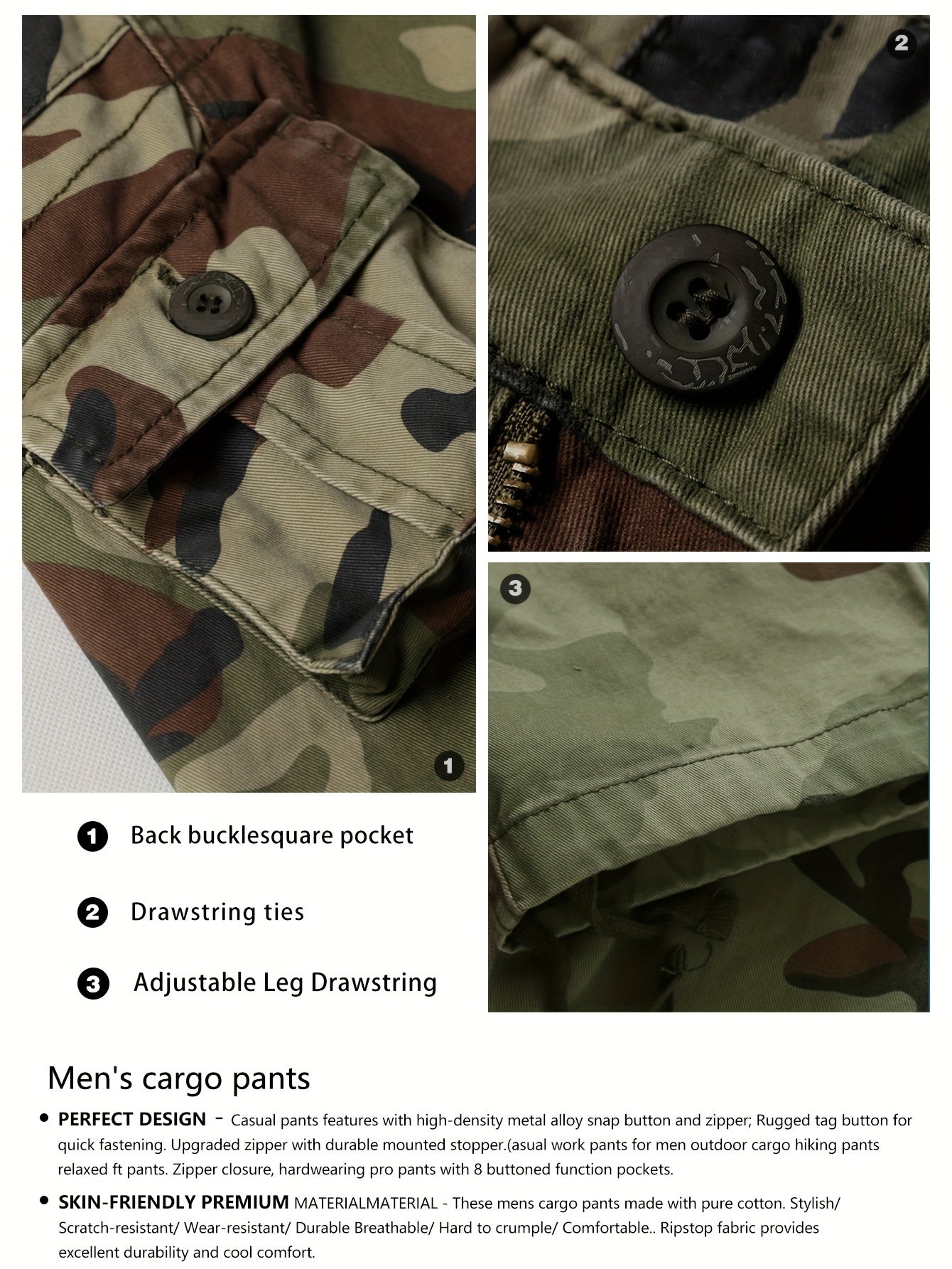 Mens Cotton Camo Cargo Pants - Durable & Stylish with Multi-Flap Pockets - Straight Leg, Loose Fit Tactical Pants for Outdoor Adventures, Work, Hiking, Fishing & Angling
