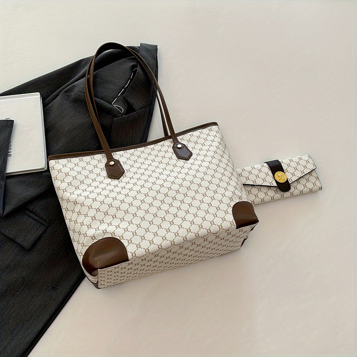 Classic Elegant Tote Shoulder Bag With Long Purse, Elegant Textured Women's Bags, New Year & Valentine's Day Gift