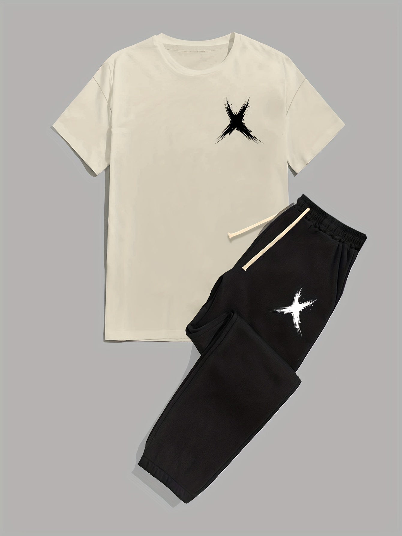 Mens 2 Piece Fashion Outfit Set - Bold Line Pattern Tee & Drawstring Sweatpants - Casual, Comfortable, and Stylish