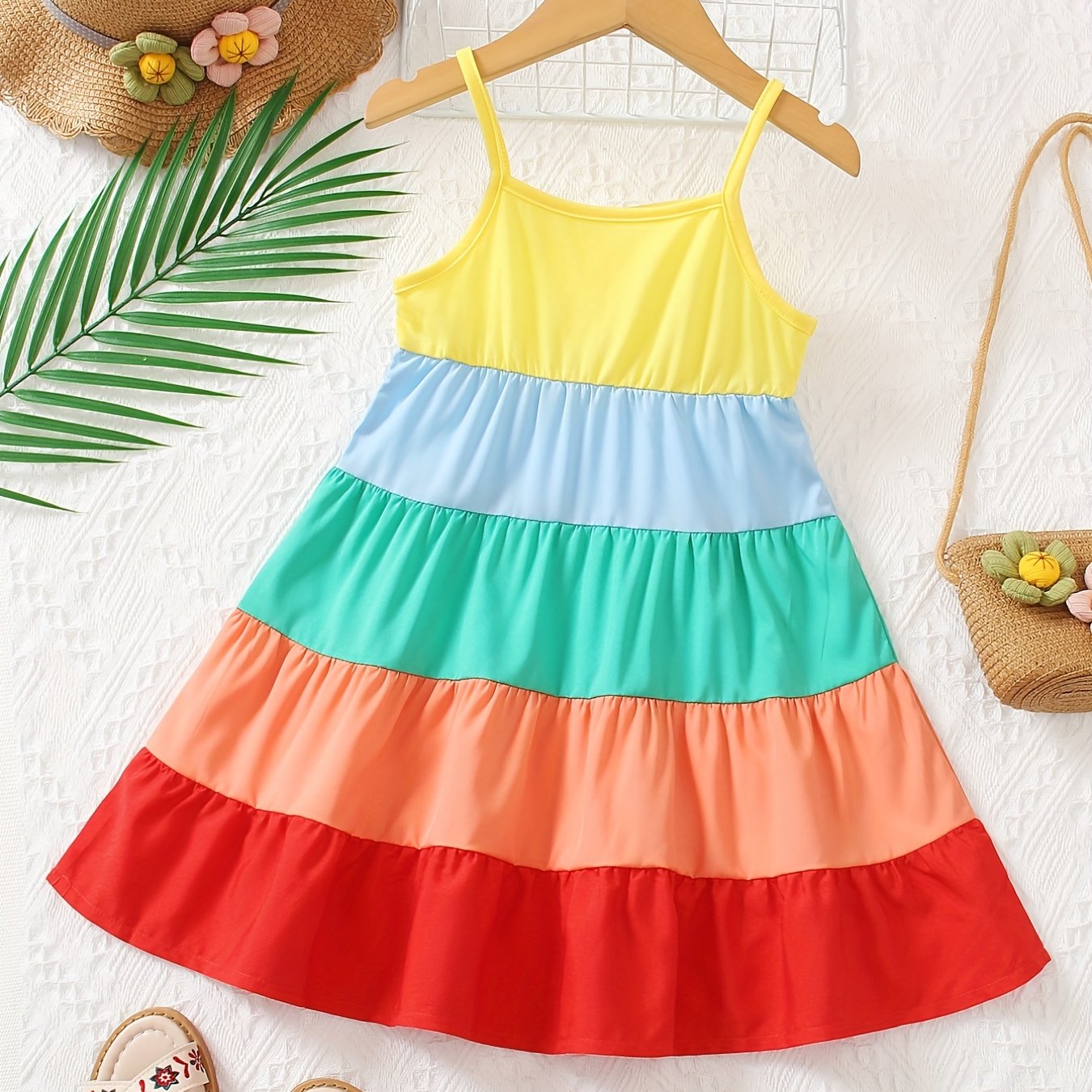 Girls Casual Rainbow Thin Strap Dress Clothes For Summer