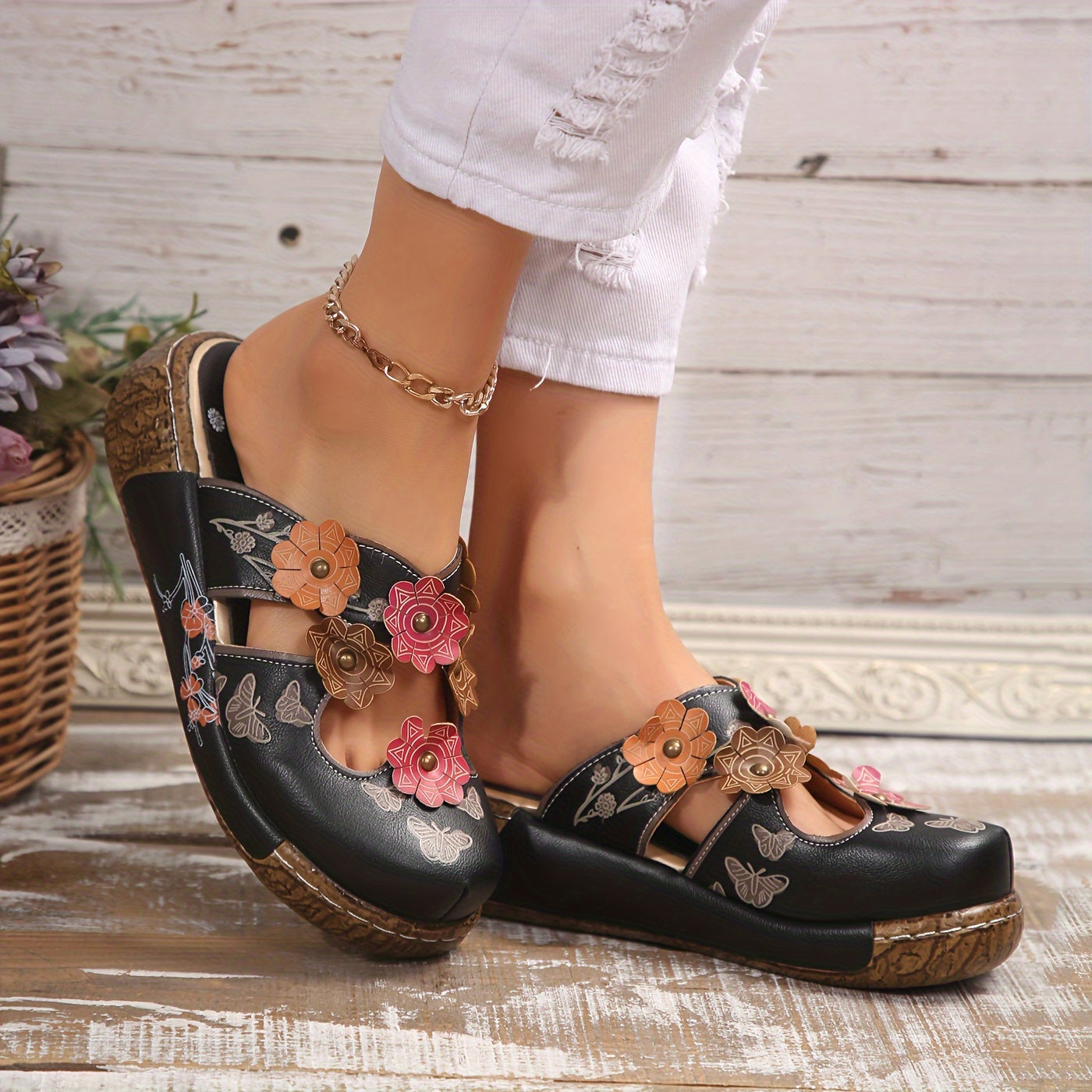 Women's Slip-On Platform Sandals - Ethnic Floral sandals with Cushioned PU Sole, Closed-Toe for Beach, Casual, Formal Events - Green & Pink Floral accents - All-Day Comfort Footbed - Women's Bohemian Footwear, Ladies Shoes An