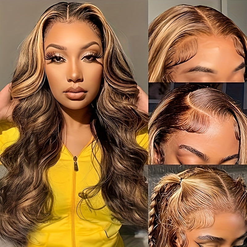 Honey Blonde Lace Front Wig Human Hair 4/27 Highlight Ombre 5x5 Transparent Lace Frontal Human Hair Wigs for Women Body Wave Highlight Lace Front Glueless Wigs Pre Plucked 180% Density 28 Inch