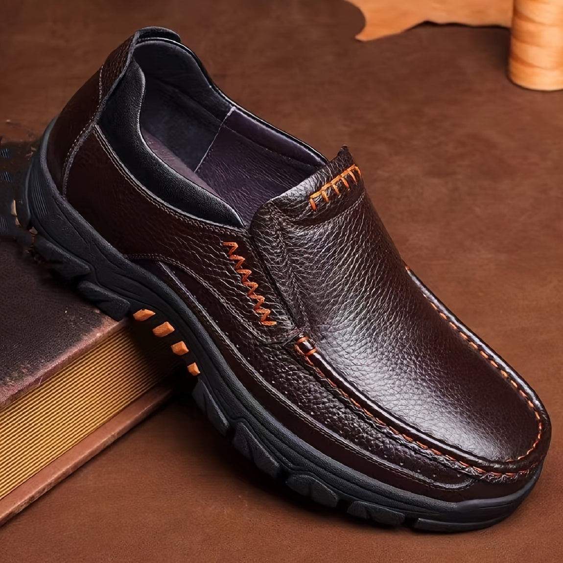 Mens Premium Cow Leather Round Toe Oxford Shoes - Slip On, Non-Slip Rubber Sole, PU Insole, Durable and Comfortable for Wedding, Business, Party, Outdoor Activities in Fall and Spring Seasons