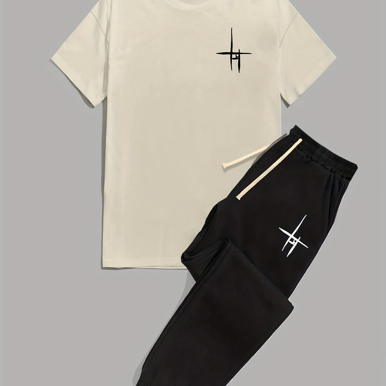 Mens 2 Piece Fashion Outfit Set - Bold Line Pattern Tee & Drawstring Sweatpants - Casual, Comfortable, and Stylish