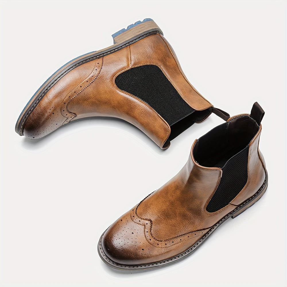 Mens Premium Brogue Slip-On Chelsea Boots - Stylish & Comfortable Ankle Footwear with Classic Round Toe - Perfect for Everyday Versatility