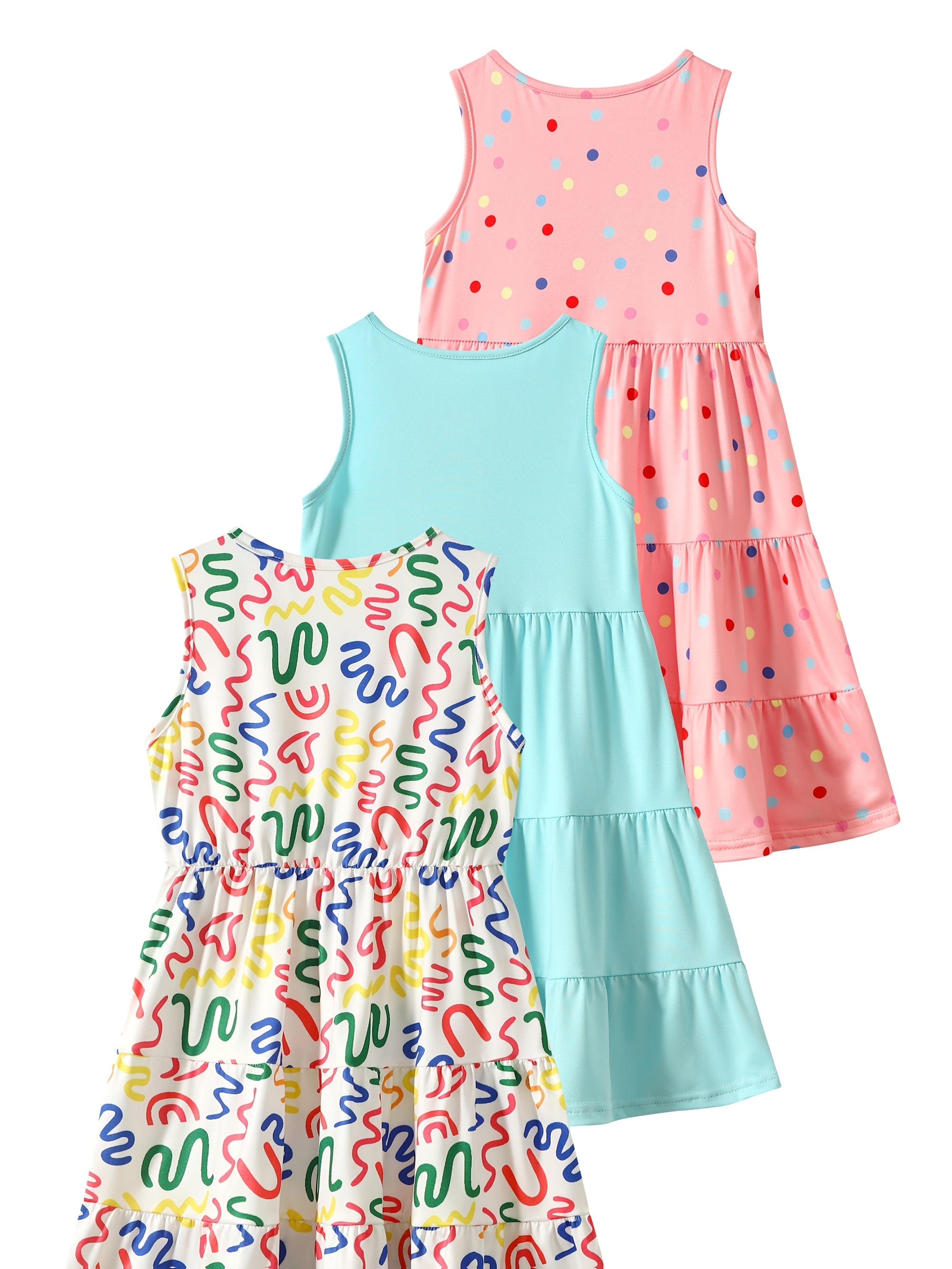 [Girls Sleeveless Dresses] 3pcs Girls' Sleeveless Dresses - Vibrant Rainbow & Candy Pattern, Yellow Tiered Ruffle Dress, Purple Polka Dot with Rainbow & Clouds Design - Perfect for Summer, Parties, and Casual Outings, Party D