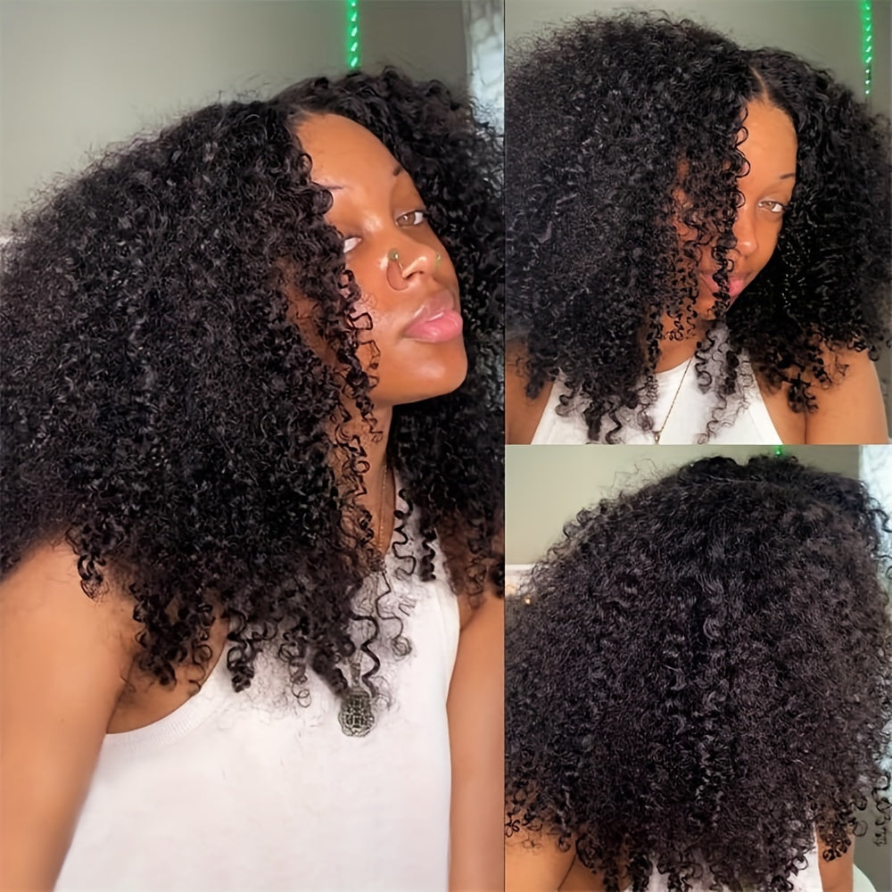Kinky Curly V Part Lace Wig Human Hair Curl Brazilian Virgin Human Hair Wigs For Women V Part Wig V Shaped No Leave Out Glueless 180% Density 16 Inch