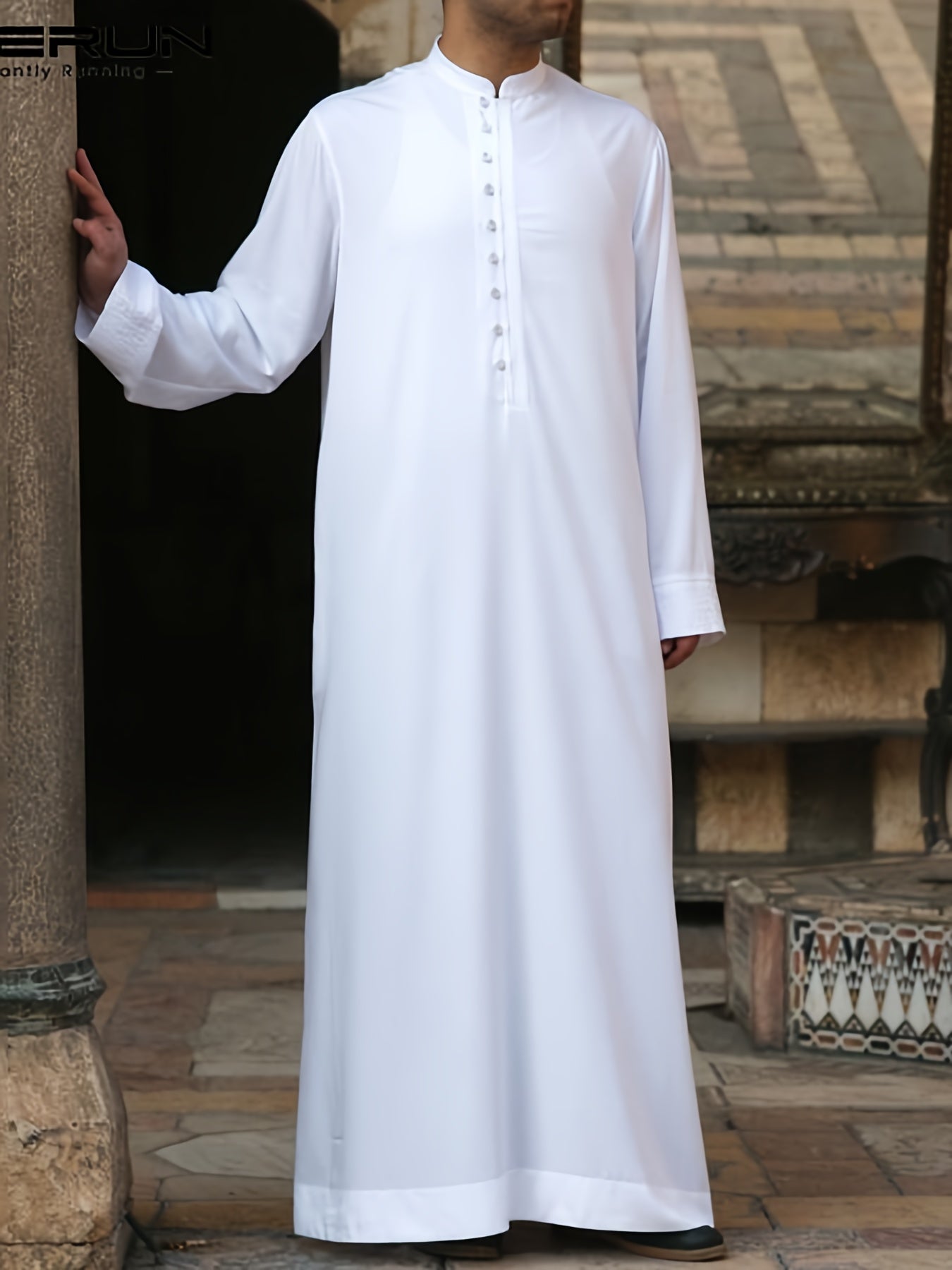 INCERUN Mens Solid Color Long Sleeve Off the Shoulder Thin Thobe Stand Collar Casual Burqa - Polyester Woven Fabric, Regular Fit, Spring Season, Non-Stretch, No Sheer - Perfect for Ramadan, Eid Al-Adha Celebrations