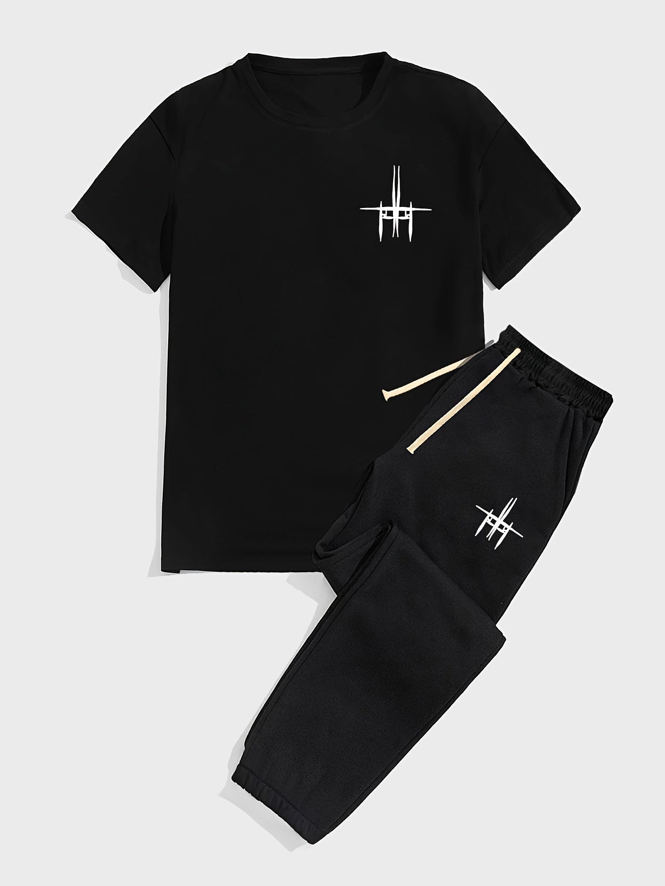 Mens 2 Piece Fashion Outfit Set - Bold Line Pattern Tee & Drawstring Sweatpants - Casual, Comfortable, and Stylish