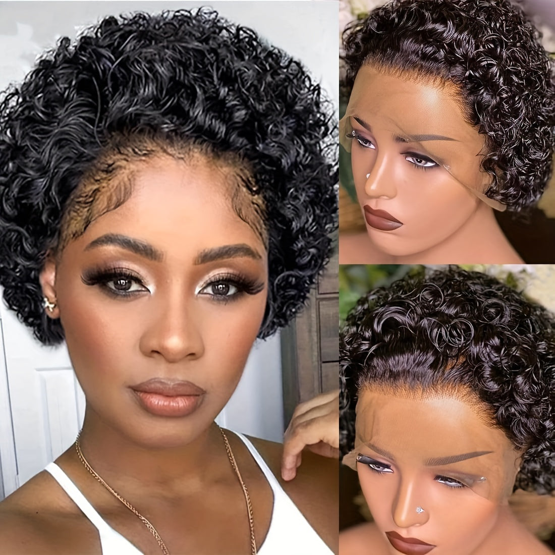 13x1 Lace 130% Density Pre Plucked Short Curly Human Hair Wigs Pixie Cut Bob Glueless Wigs Front For Black Women With Baby Hair