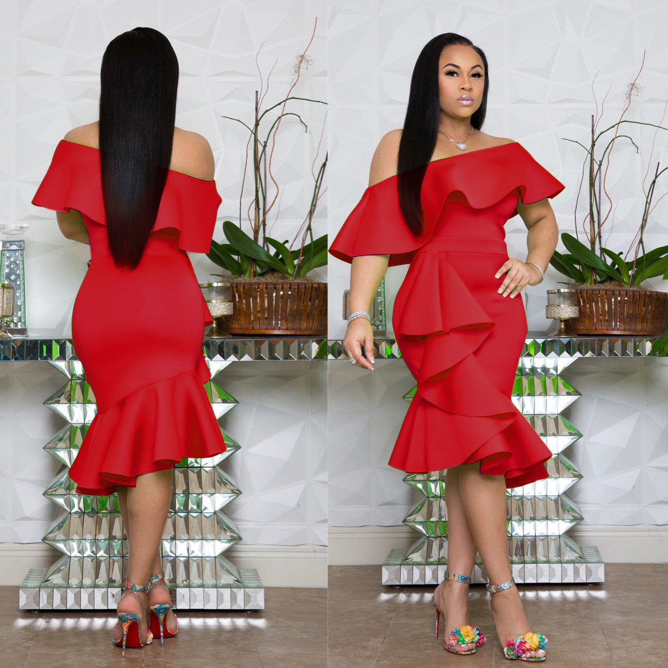 Plus size YM-8401 Fashion Wrap Chest Lotus Collar Irregular Dress Dress