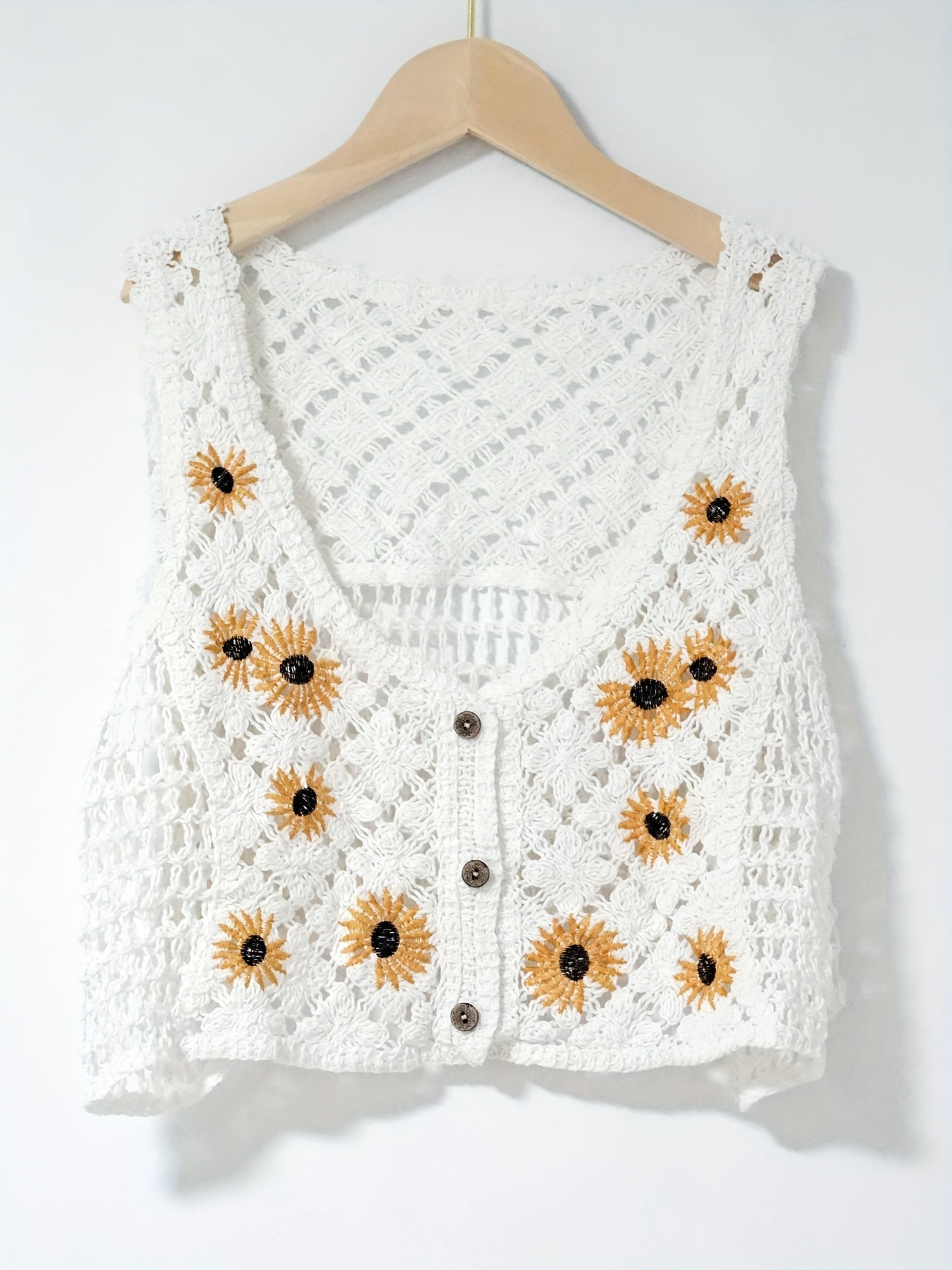 Girls Bohemian Style Knitted Cropped Cardigan Vest, Floral Embroidery With Button Detail, Kids Fashion Outerwear