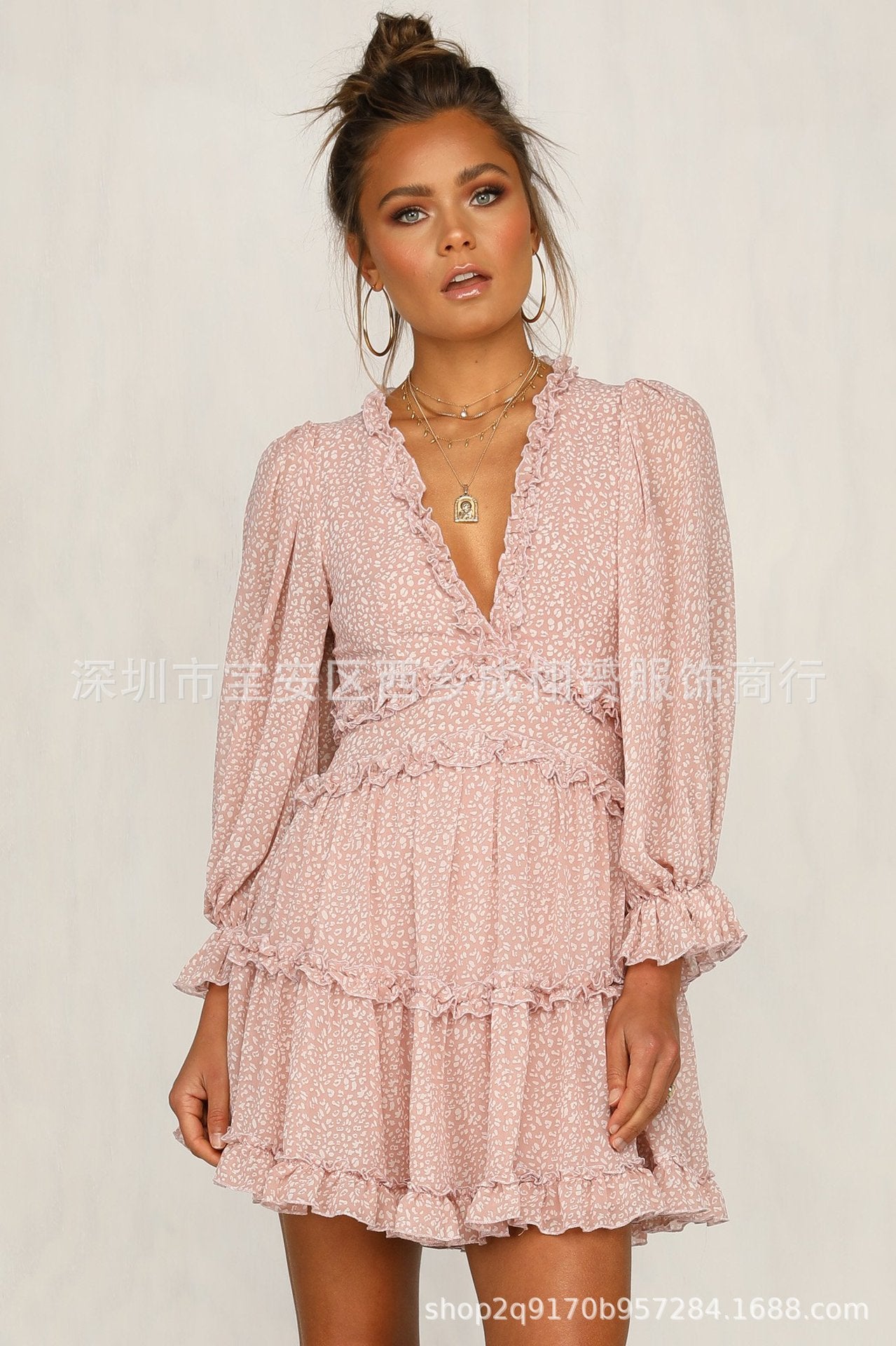 European And American Spring And Autumn New V-neck Waist Bubble Sleeve Long Sleeve Chiffon Dress