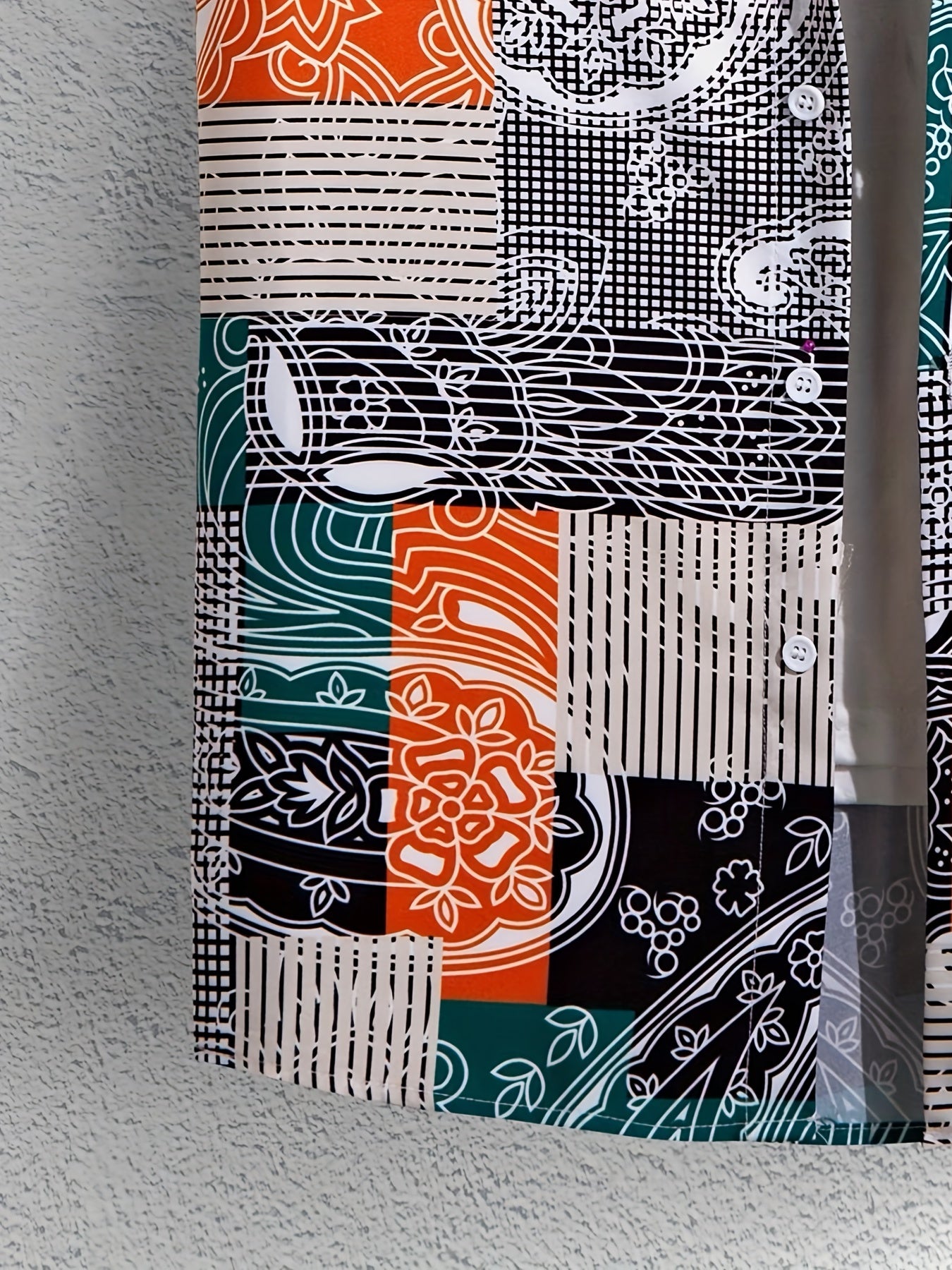 Plus Size Mens Summer Outfit - Stylish 2-Piece Ensemble with Unique Patchwork Print Graphic Short-Sleeve Shirt and Matching Shorts - Perfect for Hot Summer Days