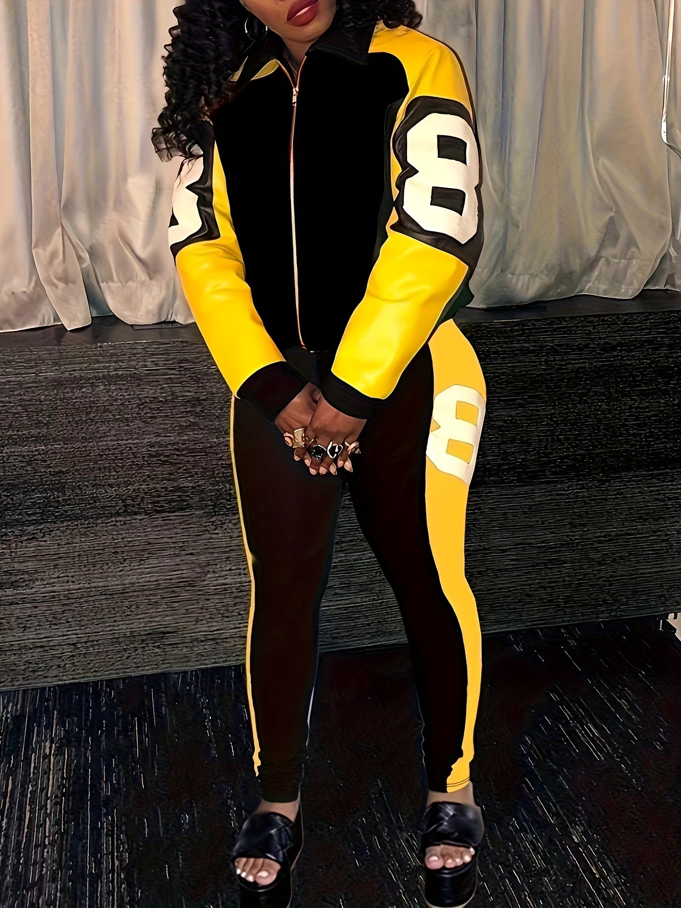 Two-piece Set, Color Block Casual Fall & Winter Outfits, Zip Up Jacket & Pants, Women's Clothing