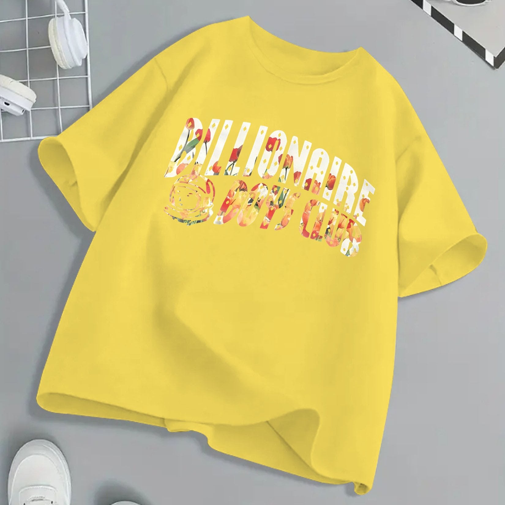 Billionaire Boys Club Floral Print T-Shirt - Bright Yellow, Kids' Summer Essential, 100% Cotton, Loose Fit, Casual Crew Neck, Short Sleeve, Machine Washable, Children's Playwear | Vibrant Kids Fashion | Breathable Fabric, Twe