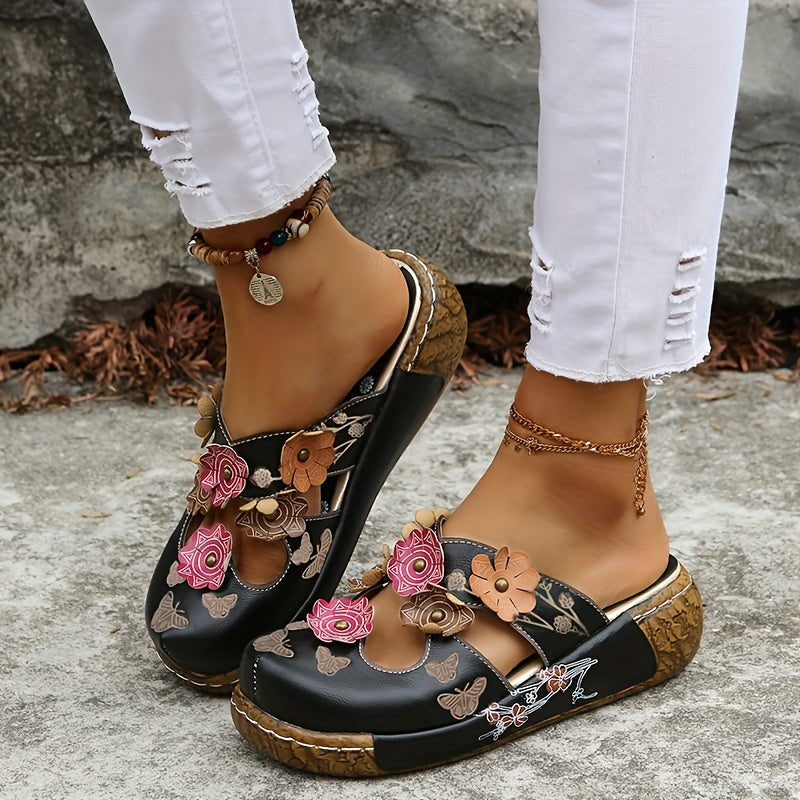 Women's Slip-On Platform Sandals - Ethnic Floral sandals with Cushioned PU Sole, Closed-Toe for Beach, Casual, Formal Events - Green & Pink Floral accents - All-Day Comfort Footbed - Women's Bohemian Footwear, Ladies Shoes An