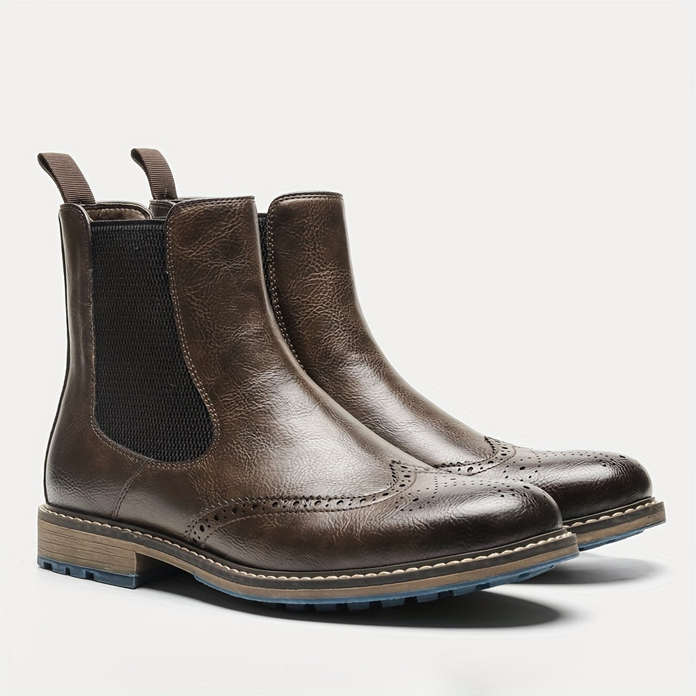 Mens Premium Brogue Slip-On Chelsea Boots - Stylish & Comfortable Ankle Footwear with Classic Round Toe - Perfect for Everyday Versatility