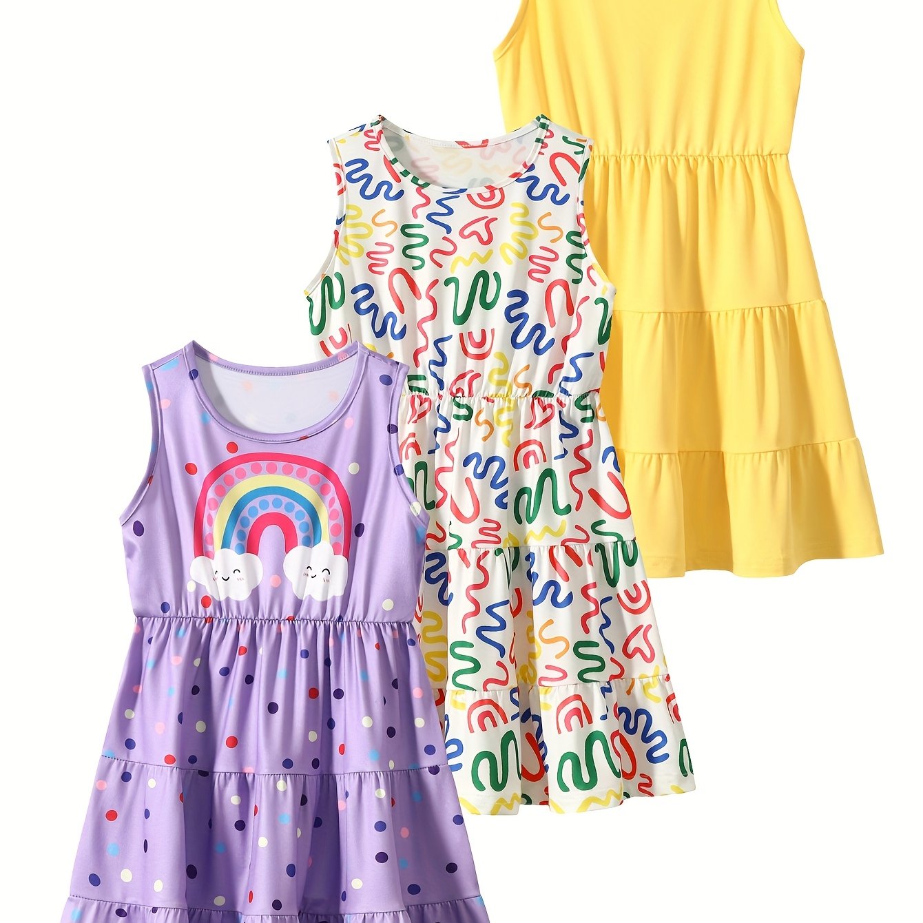 [Girls Sleeveless Dresses] 3pcs Girls' Sleeveless Dresses - Vibrant Rainbow & Candy Pattern, Yellow Tiered Ruffle Dress, Purple Polka Dot with Rainbow & Clouds Design - Perfect for Summer, Parties, and Casual Outings, Party D
