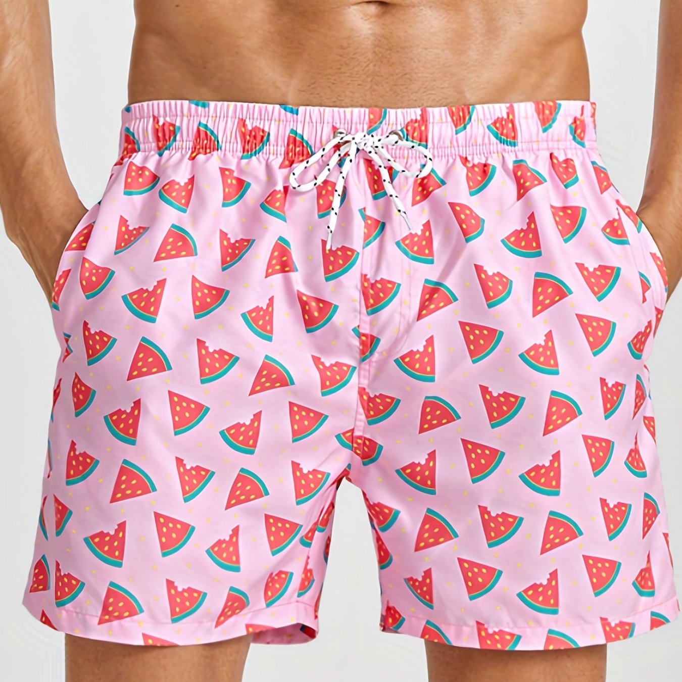 Mens Watermelon Print Hawaiian Shorts - Ultra-Comfortable Quick Dry Swim Trunks with Pockets & Drawstring Waistband - Durable Cartoon Pattern for Fun Summer Vacation, Beach & Pool Outings