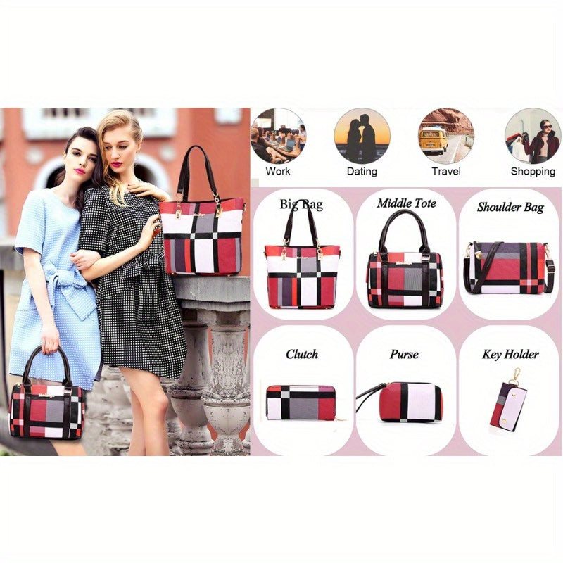 6-Pcs Womens Handbags Tote Bags Shoulder Bag Purses Satchel Bag Top-Handle Handbag Crossbody Bag Wallet Clutch