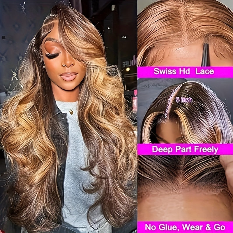 Honey Blonde Lace Front Wig Human Hair 4/27 Highlight Ombre 5x5 Transparent Lace Frontal Human Hair Wigs for Women Body Wave Highlight Lace Front Glueless Wigs Pre Plucked 180% Density 28 Inch