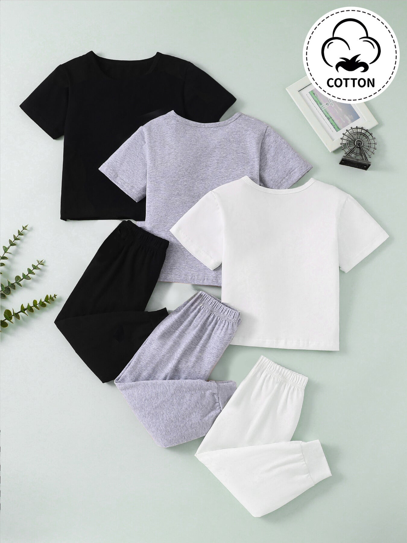 3 Sets of Soft & Breathable Solid Cotton Short Sleeve Casual T-Shirt and Elastic Waist Sweatpants Set for Boys - Spring/Summer/Fall Outfits with Slight Stretch, Fake Drawstring, and Regular Fit