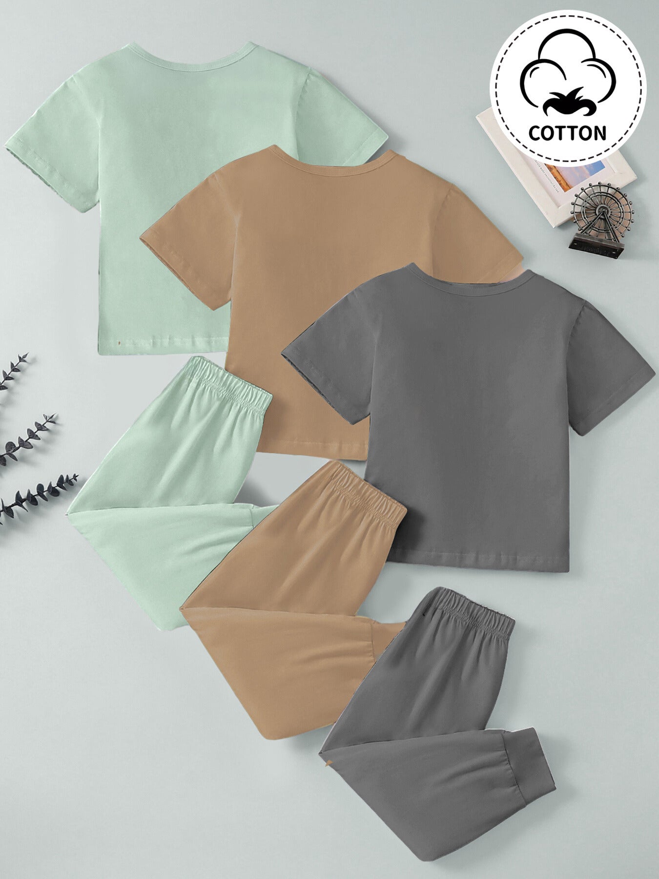 3 Sets of Soft & Breathable Solid Cotton Short Sleeve Casual T-Shirt and Elastic Waist Sweatpants Set for Boys - Spring/Summer/Fall Outfits with Slight Stretch, Fake Drawstring, and Regular Fit