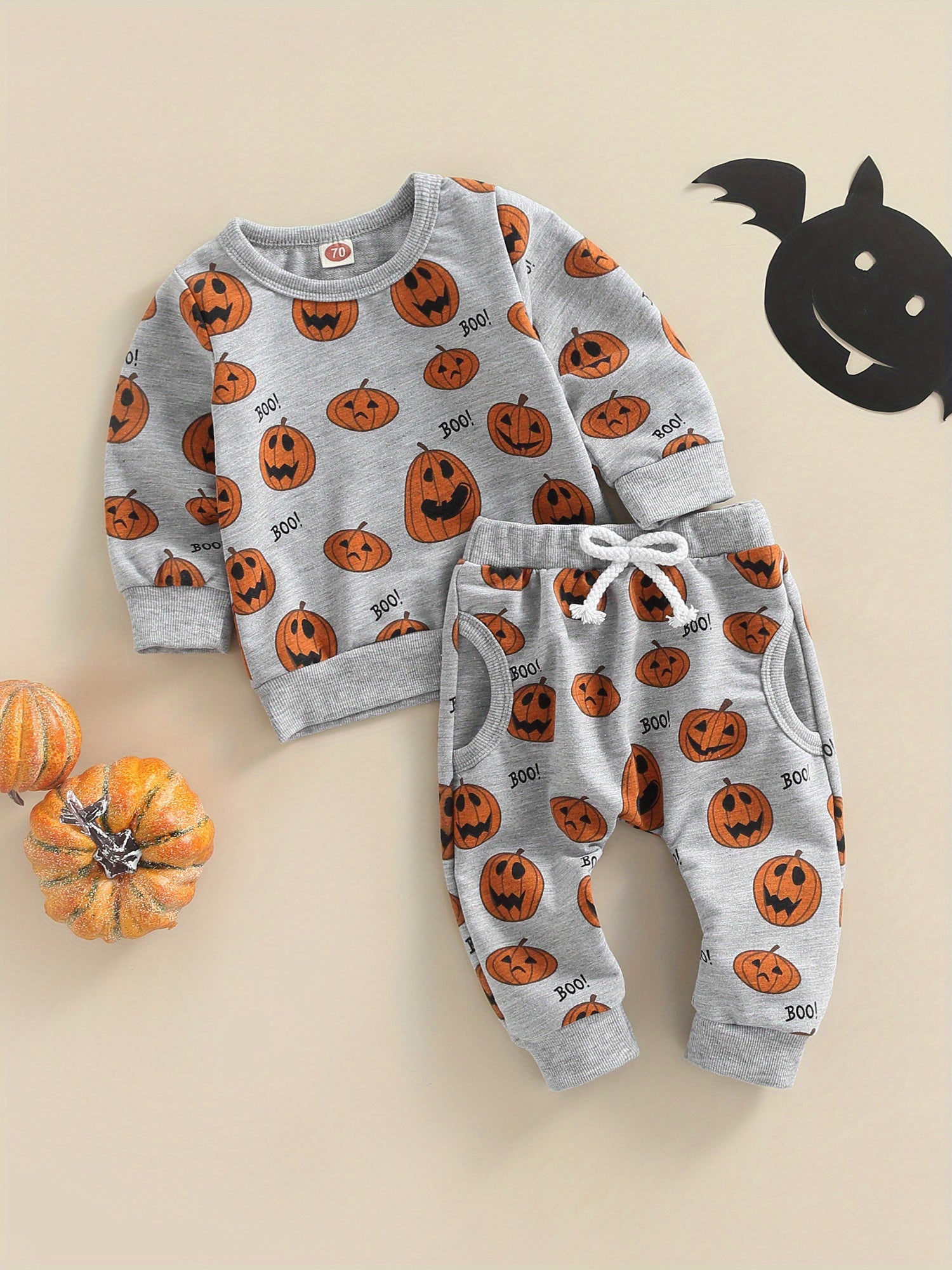 [Halloween] Toddler Baby Girl Boy Halloween Outfits Pumpkin Long Sleeve Sweatshirt Top Elastic Waist Jogger Pants Fall Winter Outfits Pumpkin Clothes 0-3T
