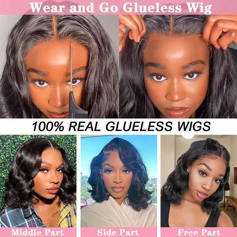 250% Density Glueless Bob Wig - Body Wave Lace Front Human Hair Wigs for Black Women - Pre Plucked and Pre Cut 13x4 Lace Closure - No Glue Needed for Beginners