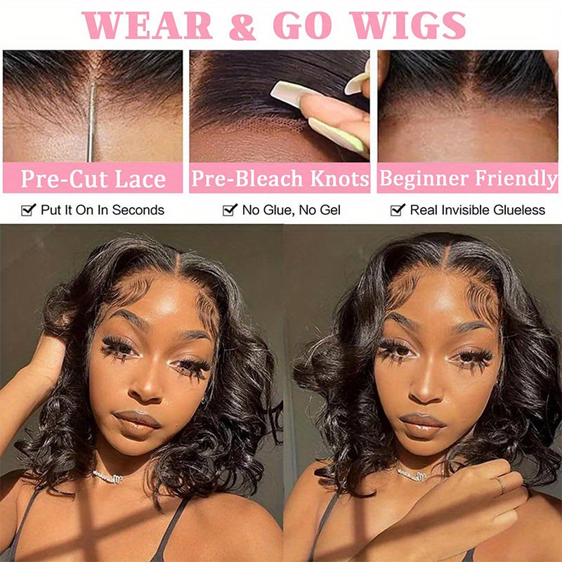 250% Density Glueless Bob Wig - Body Wave Lace Front Human Hair Wigs for Black Women - Pre Plucked and Pre Cut 13x4 Lace Closure - No Glue Needed for Beginners