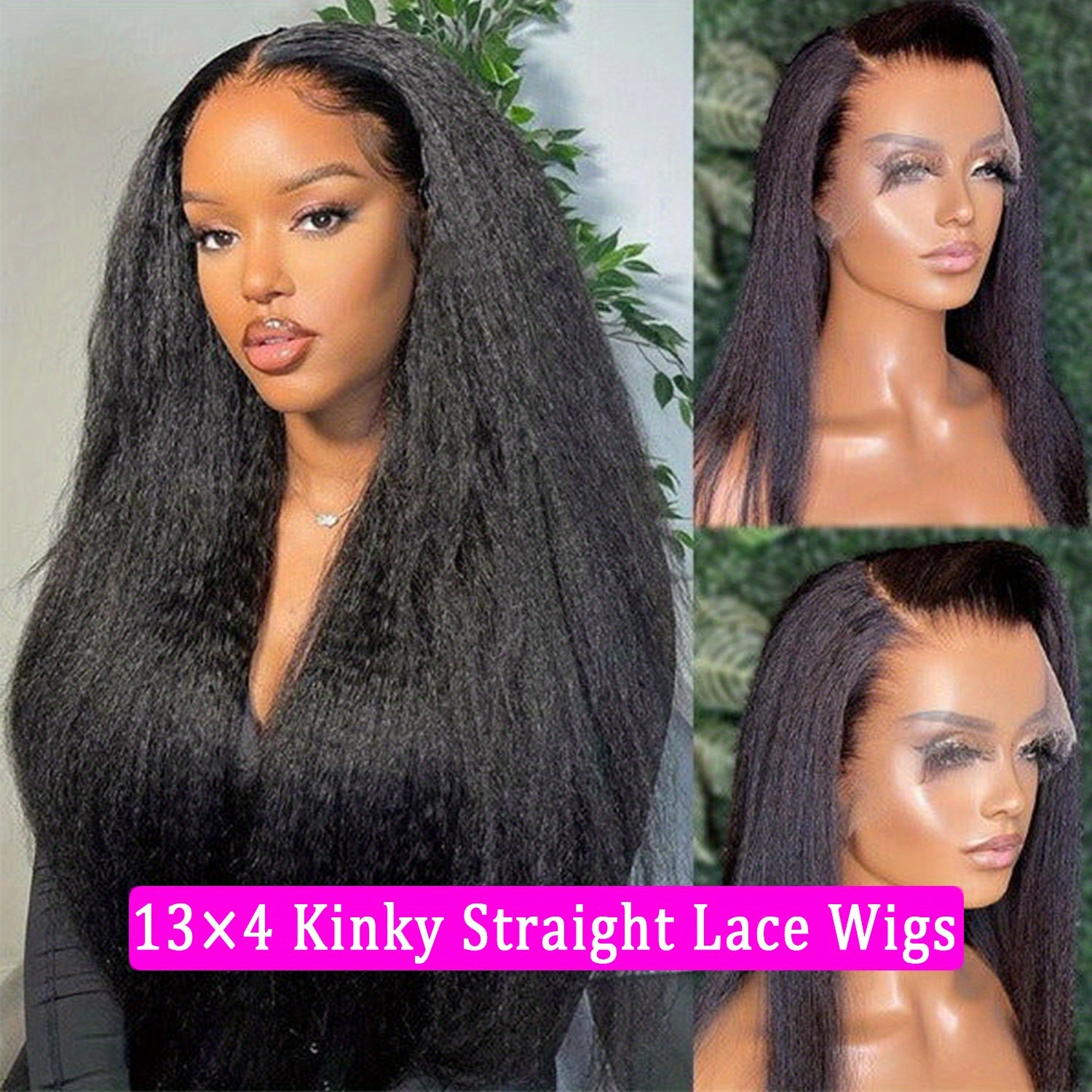 Kinky Straight 4C Edges Wig Human Hair 13x4 Lace Front Human Hair Wigs Yaki Straight Lace Front Wig For Women Brazilian Remy Human Hair Wig With Curly Baby Hair 250 Density Natural Color