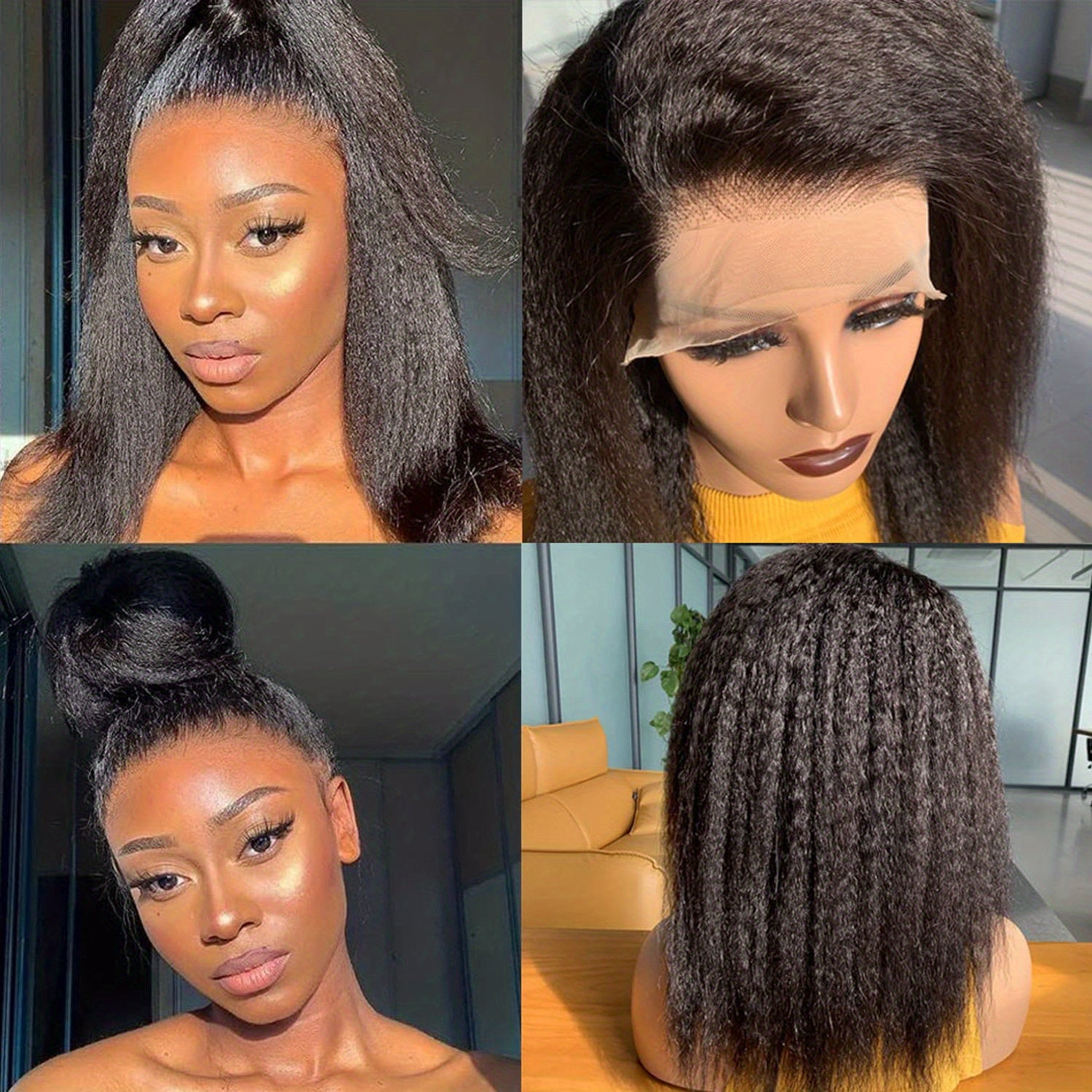 Kinky Straight 4C Edges Wig Human Hair 13x4 Lace Front Human Hair Wigs Yaki Straight Lace Front Wig For Women Brazilian Remy Human Hair Wig With Curly Baby Hair 250 Density Natural Color