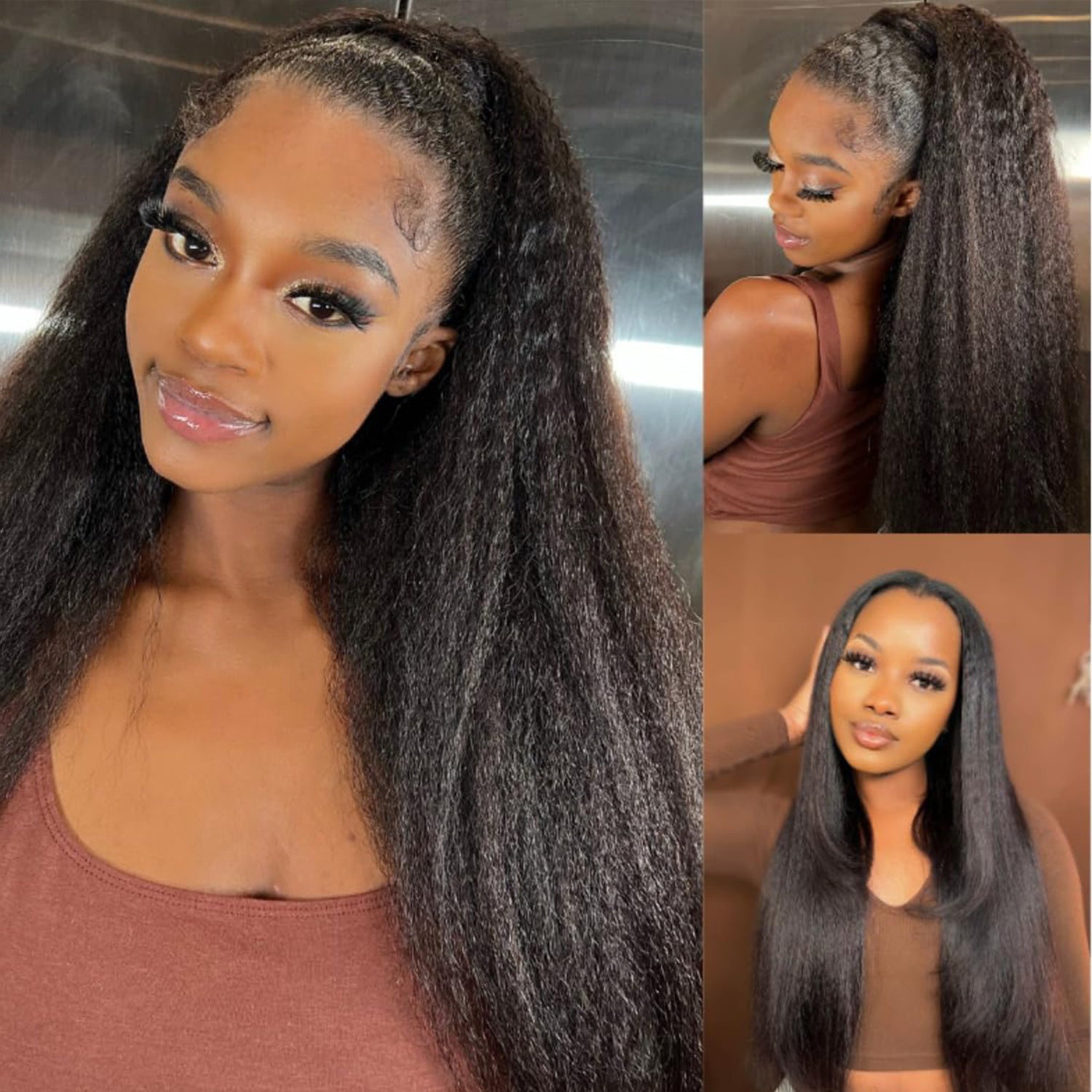 Kinky Straight 4C Edges Wig Human Hair 13x4 Lace Front Human Hair Wigs Yaki Straight Lace Front Wig For Women Brazilian Remy Human Hair Wig With Curly Baby Hair 250 Density Natural Color