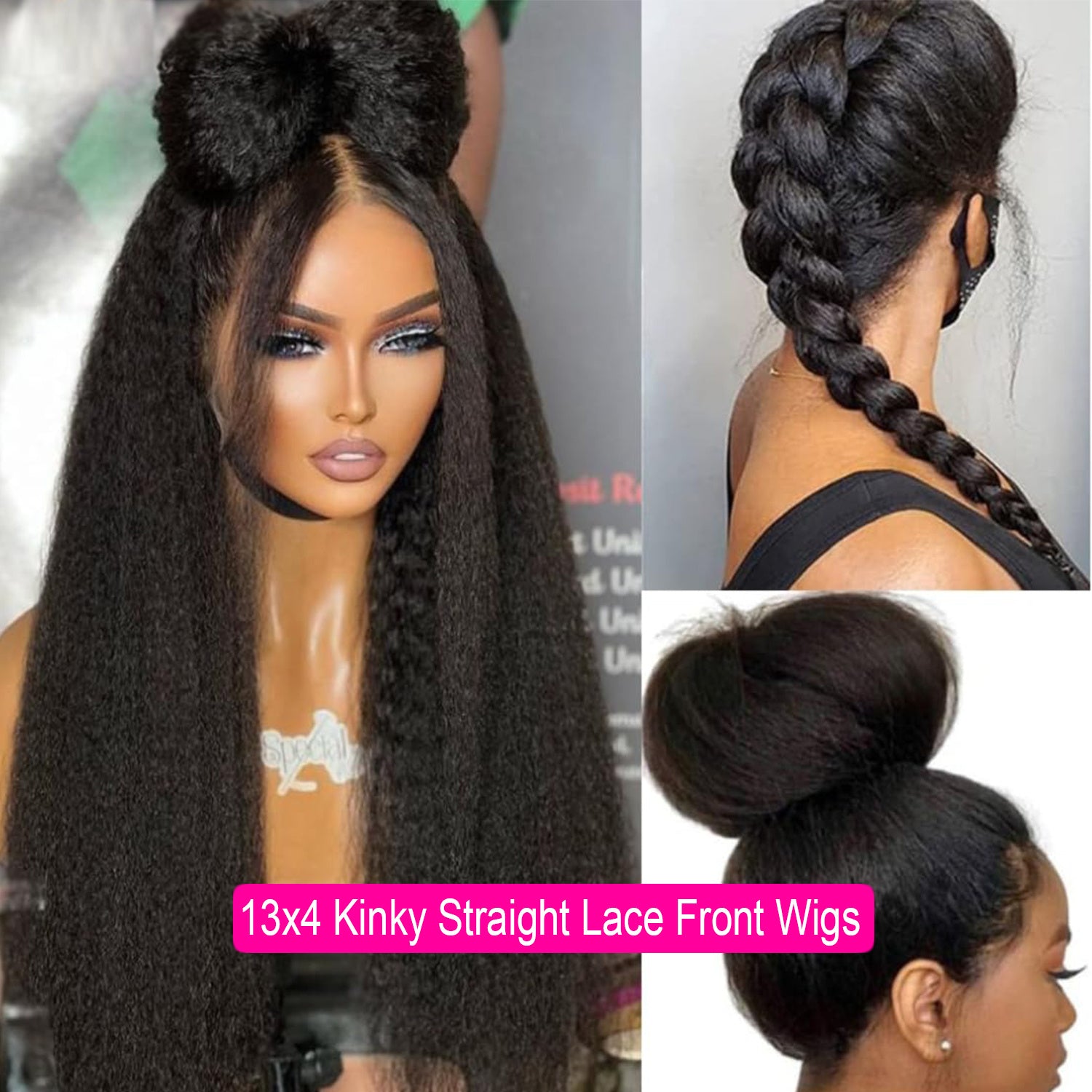 Kinky Straight 4C Edges Wig Human Hair 13x4 Lace Front Human Hair Wigs Yaki Straight Lace Front Wig For Women Brazilian Remy Human Hair Wig With Curly Baby Hair 250 Density Natural Color