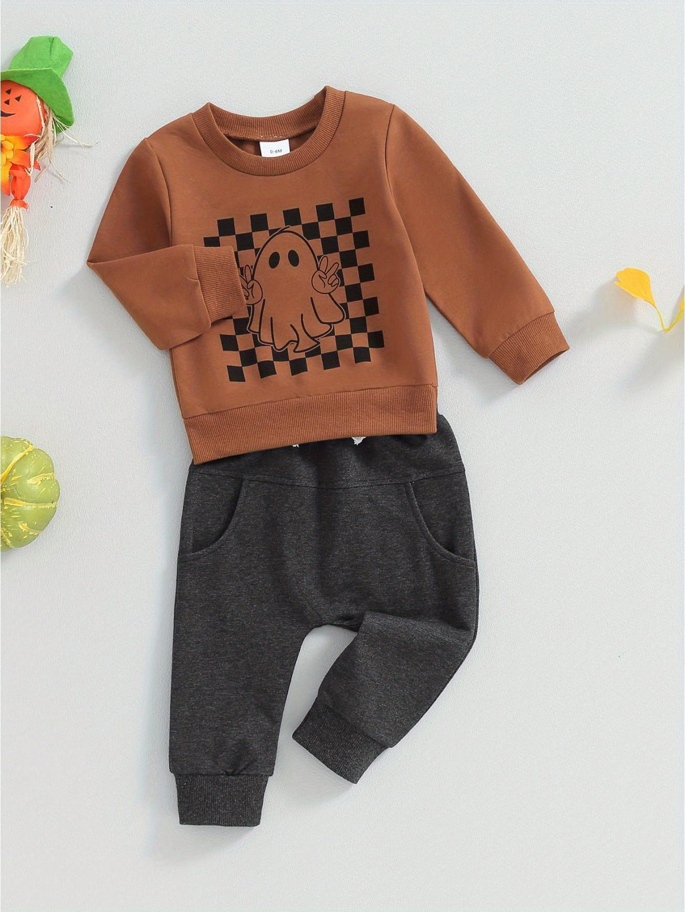 Toddler Boys Fall Outfits Checkerboard Ghost Print Crew Neck Long Sleeve Sweatshirts and Long Pants 2Pcs Halloween Clothes Set