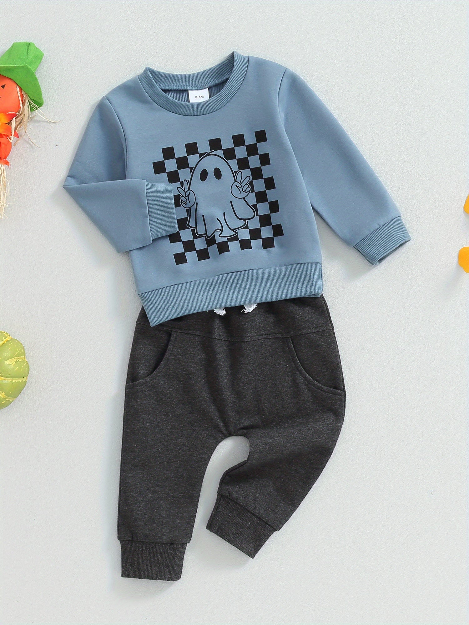 Toddler Boys Fall Outfits Checkerboard Ghost Print Crew Neck Long Sleeve Sweatshirts and Long Pants 2Pcs Halloween Clothes Set