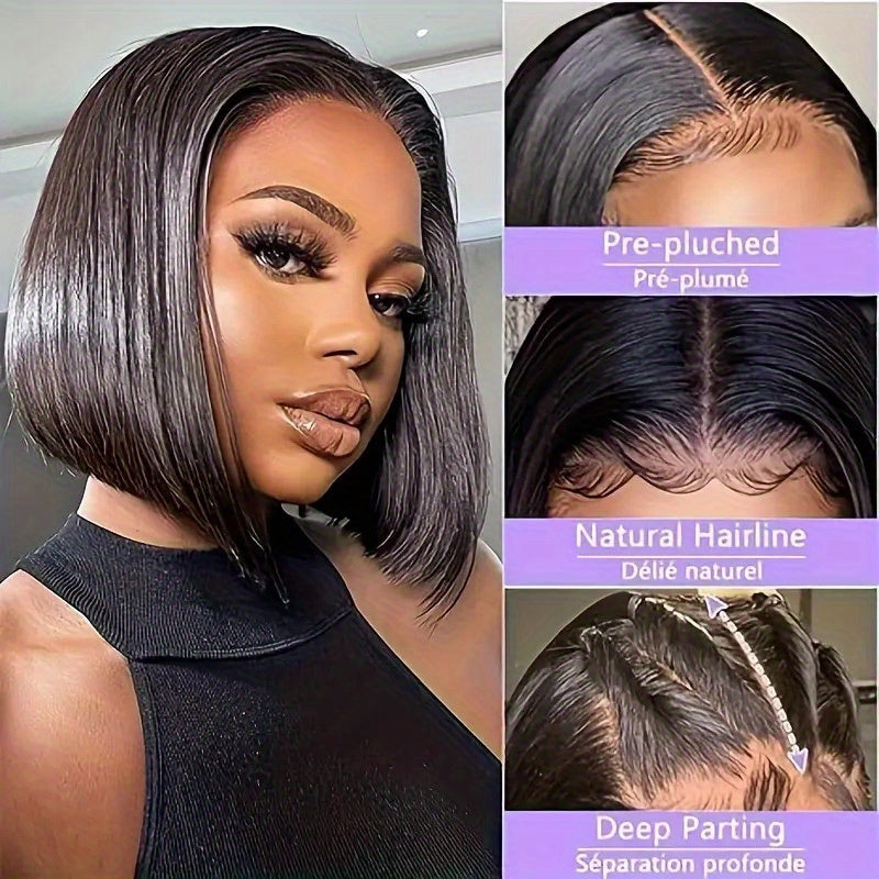 250% Density Glueless Bob Wig - Straight Lace Front Human Hair Wigs for Black Women - Pre Plucked and Pre Cut 4x4 Lace Closure - No Glue Needed for Beginners