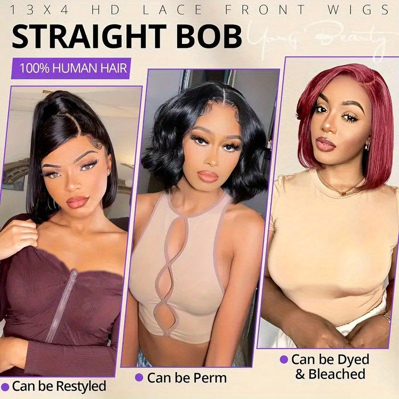 250% Density Glueless Bob Wig - Straight Lace Front Human Hair Wigs for Black Women - Pre Plucked and Pre Cut 4x4 Lace Closure - No Glue Needed for Beginners