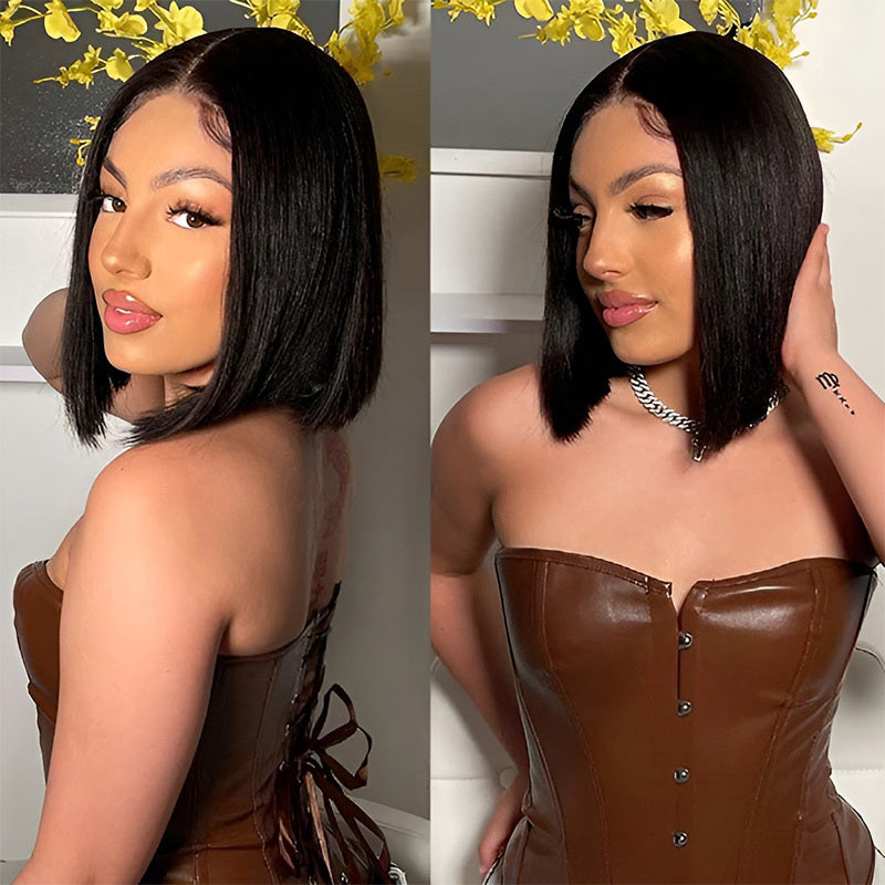 250% Density Glueless Bob Wig - Straight Lace Front Human Hair Wigs for Black Women - Pre Plucked and Pre Cut 4x4 Lace Closure - No Glue Needed for Beginners